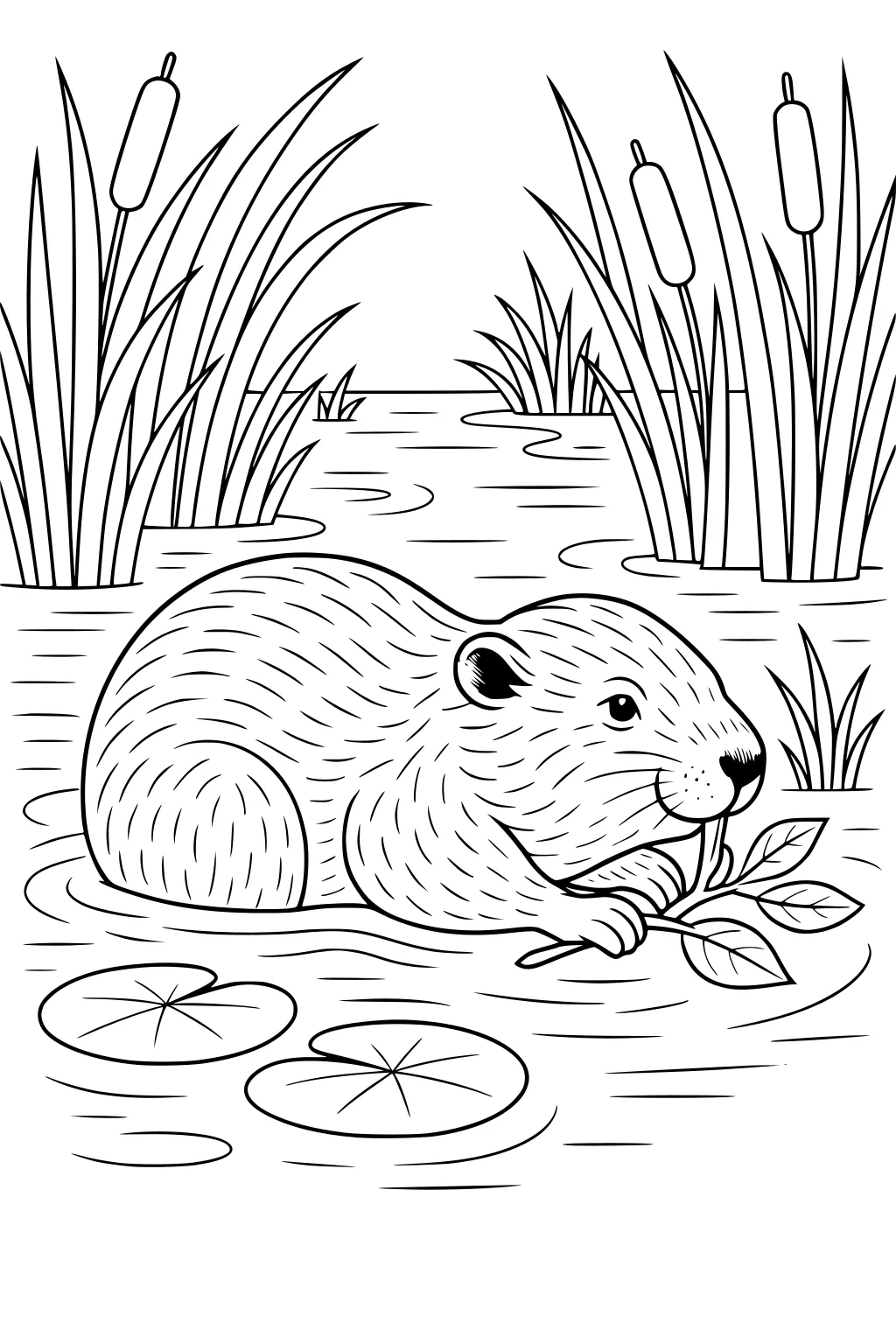 Beaver holding a branch sits in a pond with cattails, long grass, and lily pads in the water.