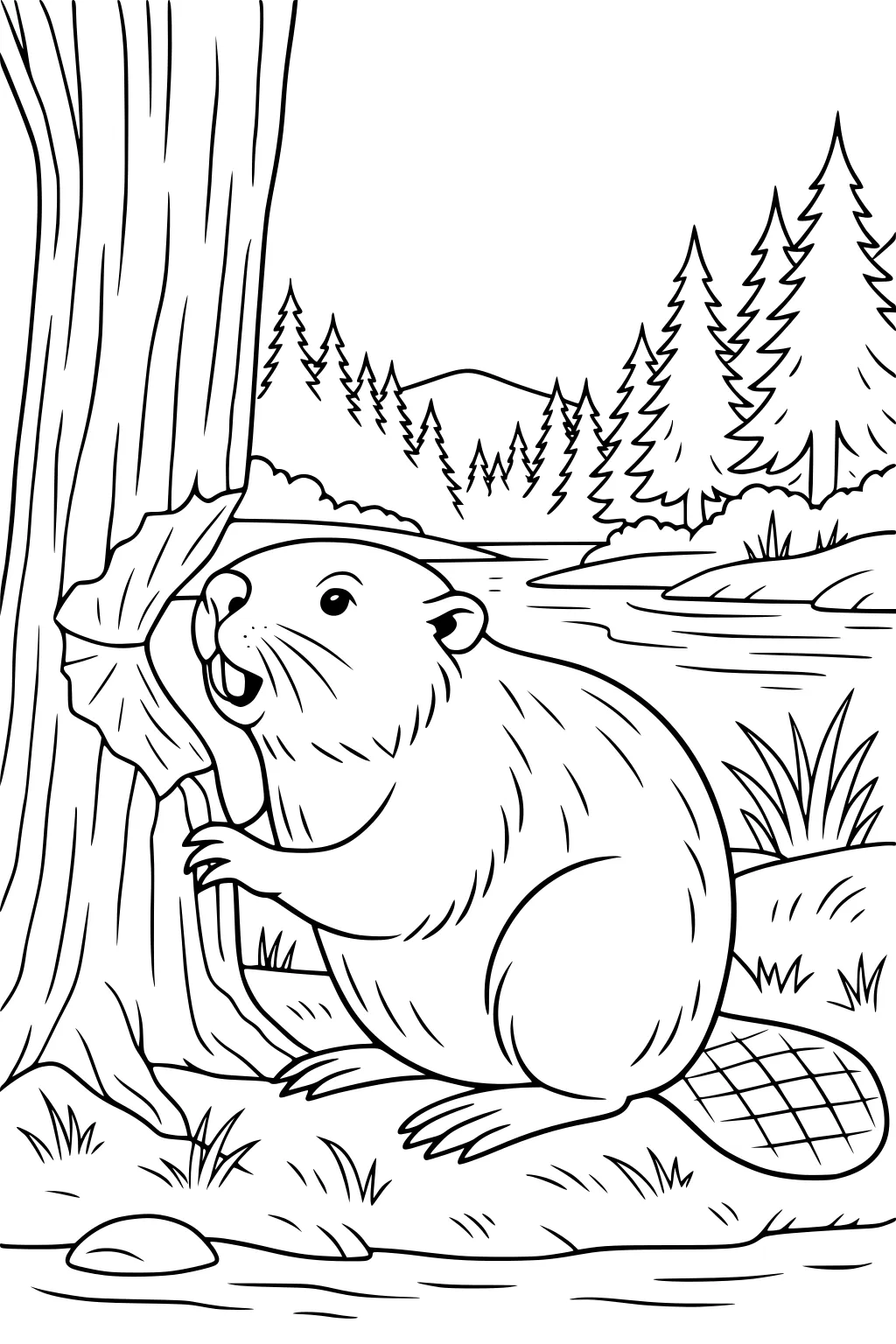 Beaver chewing a tree by a river with pine trees and grassy hills in the background.
