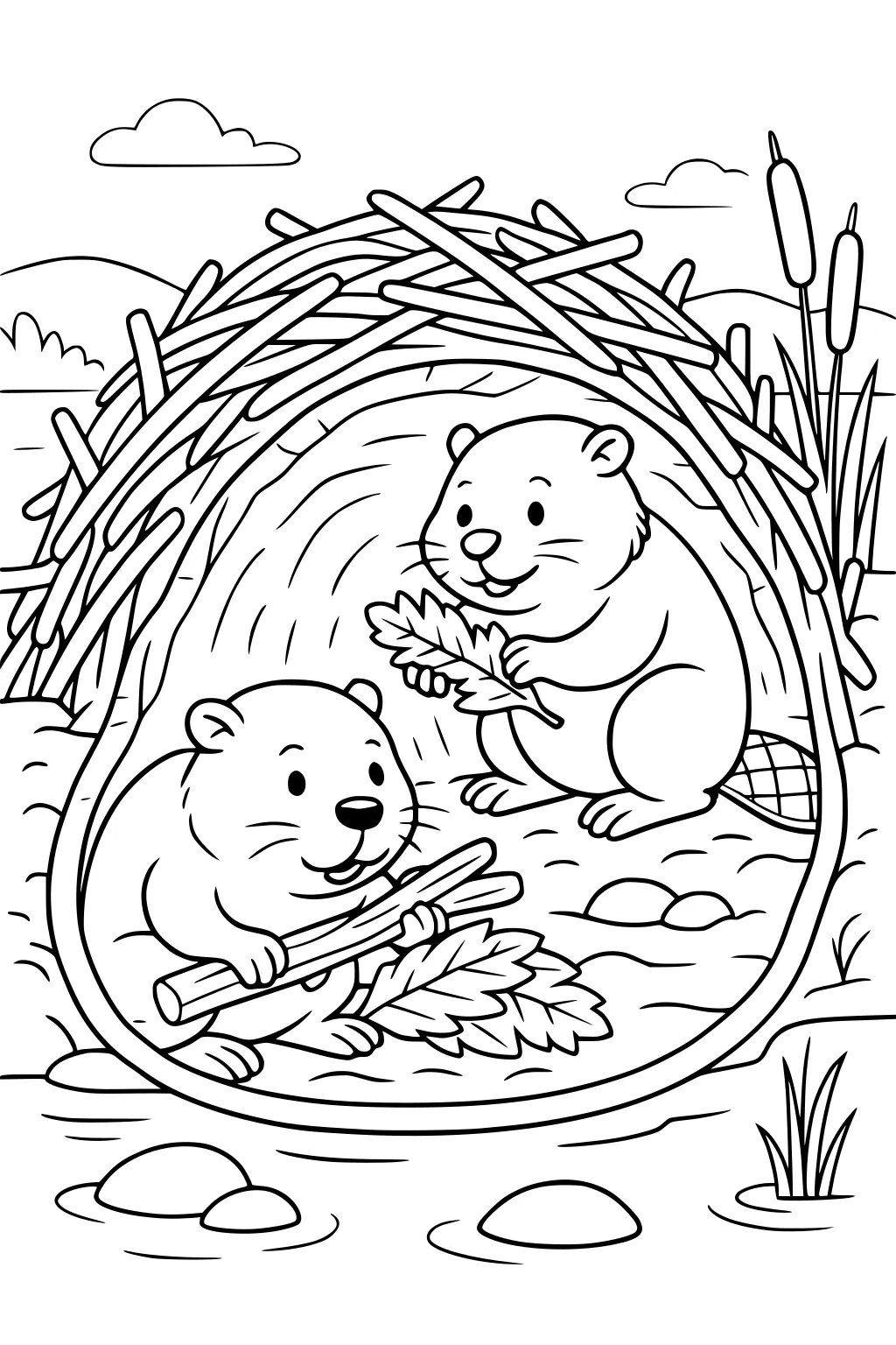 Two beavers inside a stick dome lodge by a pond, each holding branches and leaves, with cattails and hills in the background.