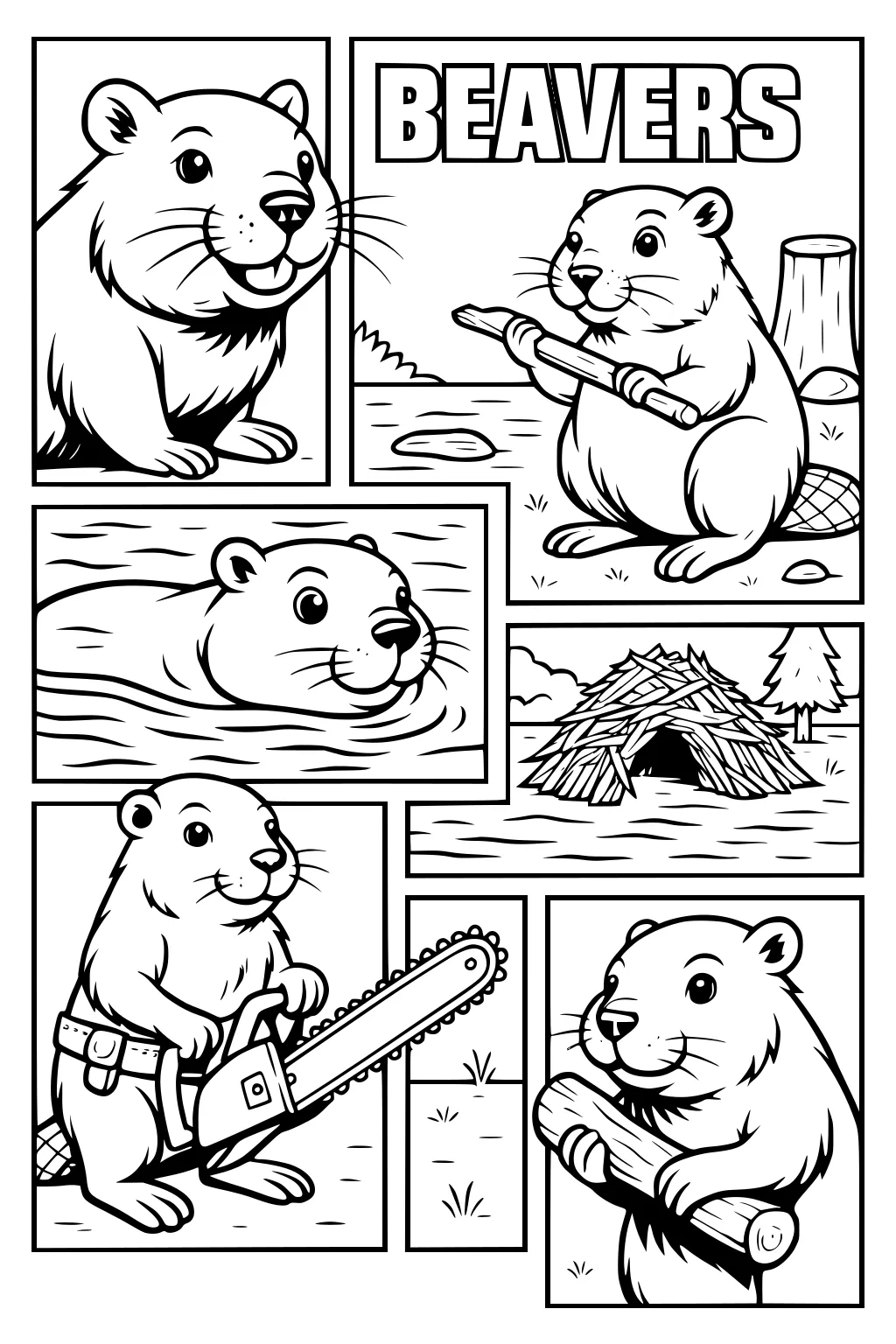 Five cartoon beavers building, swimming, and holding tools with a beaver lodge and tree beside a pond.