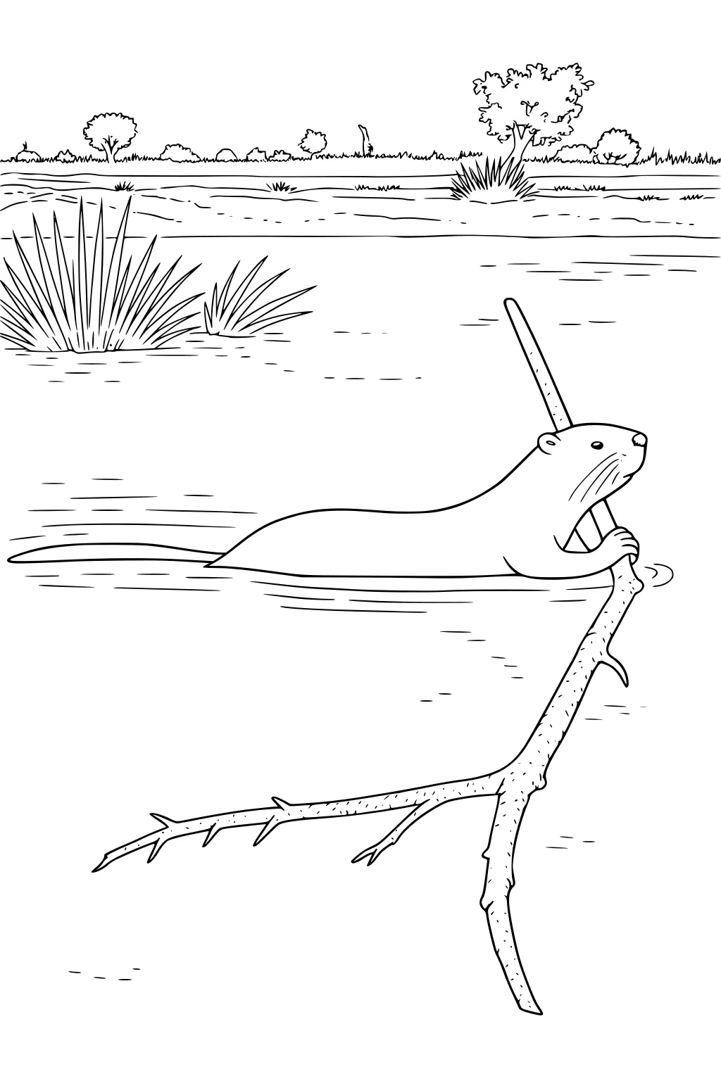 Beaver swims in a pond holding a branch, surrounded by grasses and trees in the background.