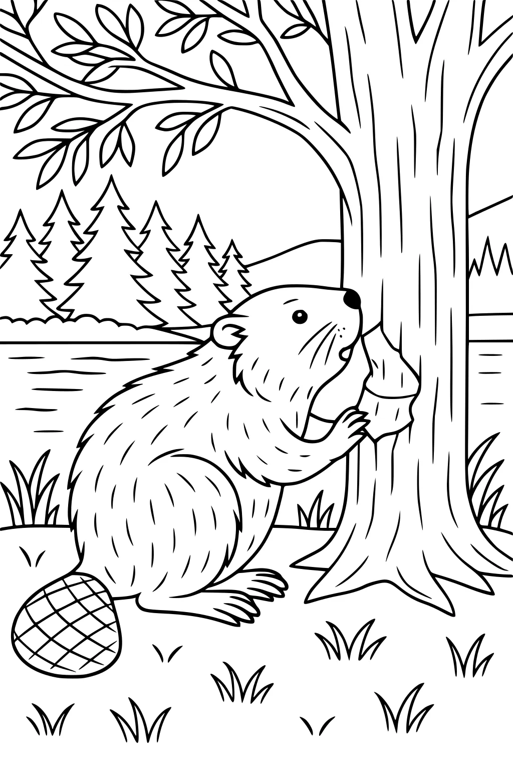Beaver with textured tail biting a tree on a riverbank, surrounded by pine trees, grass, and leafy branches.
