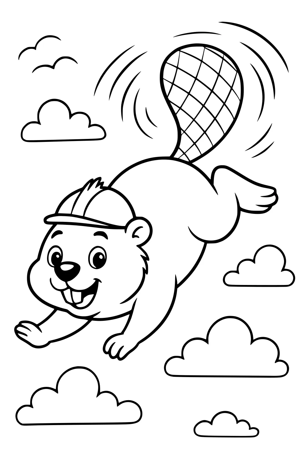 Beaver wearing a cap, smiling and flying through the sky with clouds and motion lines around its large tail.