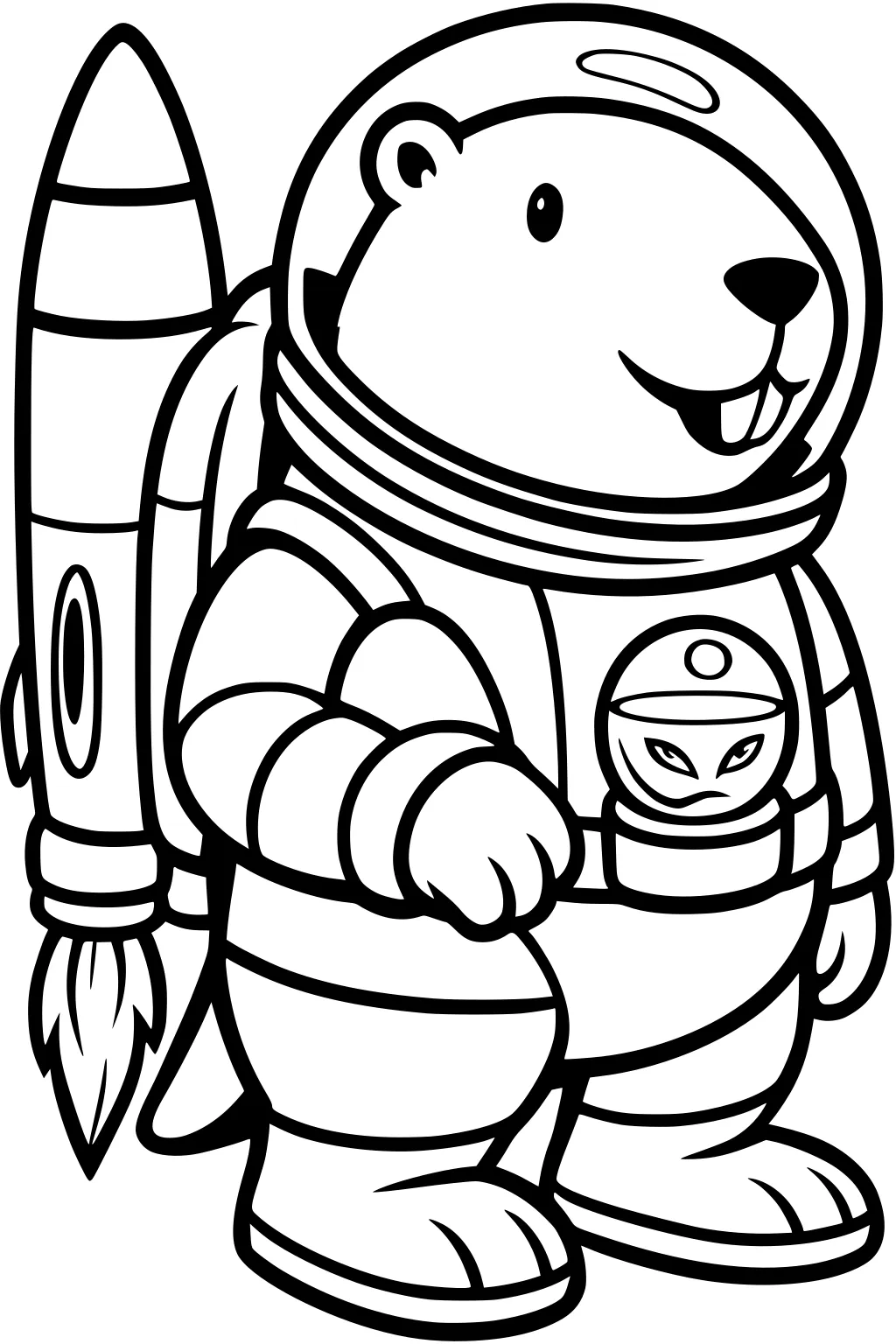 Beaver in a spacesuit with a rocket pack and a small alien badge on the suit.