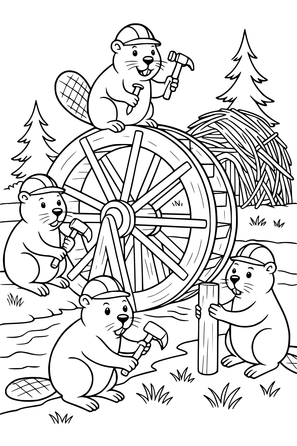 Four beavers with hats use hammers and wood to build a waterwheel by a river, with a beaver lodge and pine trees in the background.