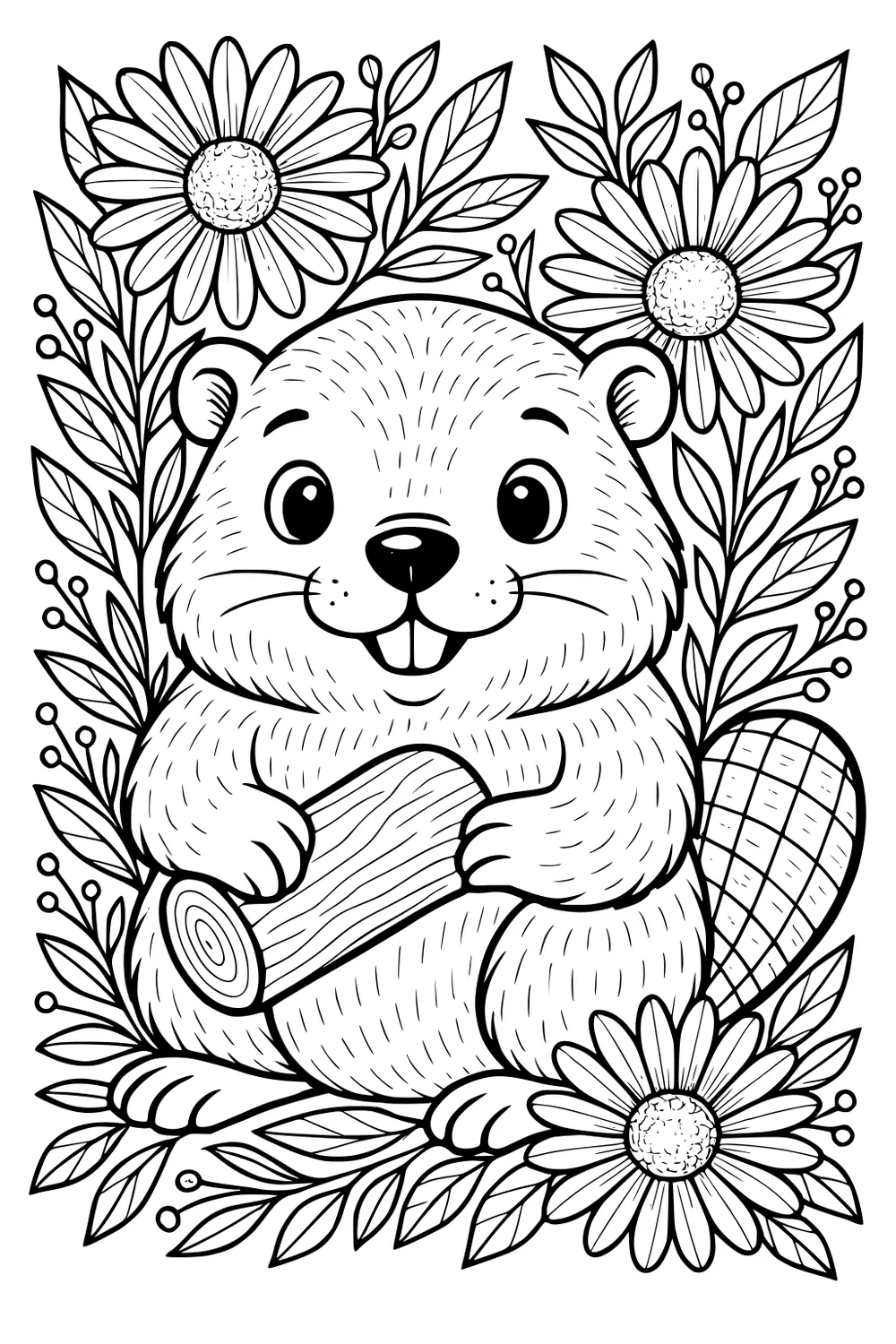 Beaver holding a log, surrounded by large daisies and leaves, with a flat tail and smiling face.