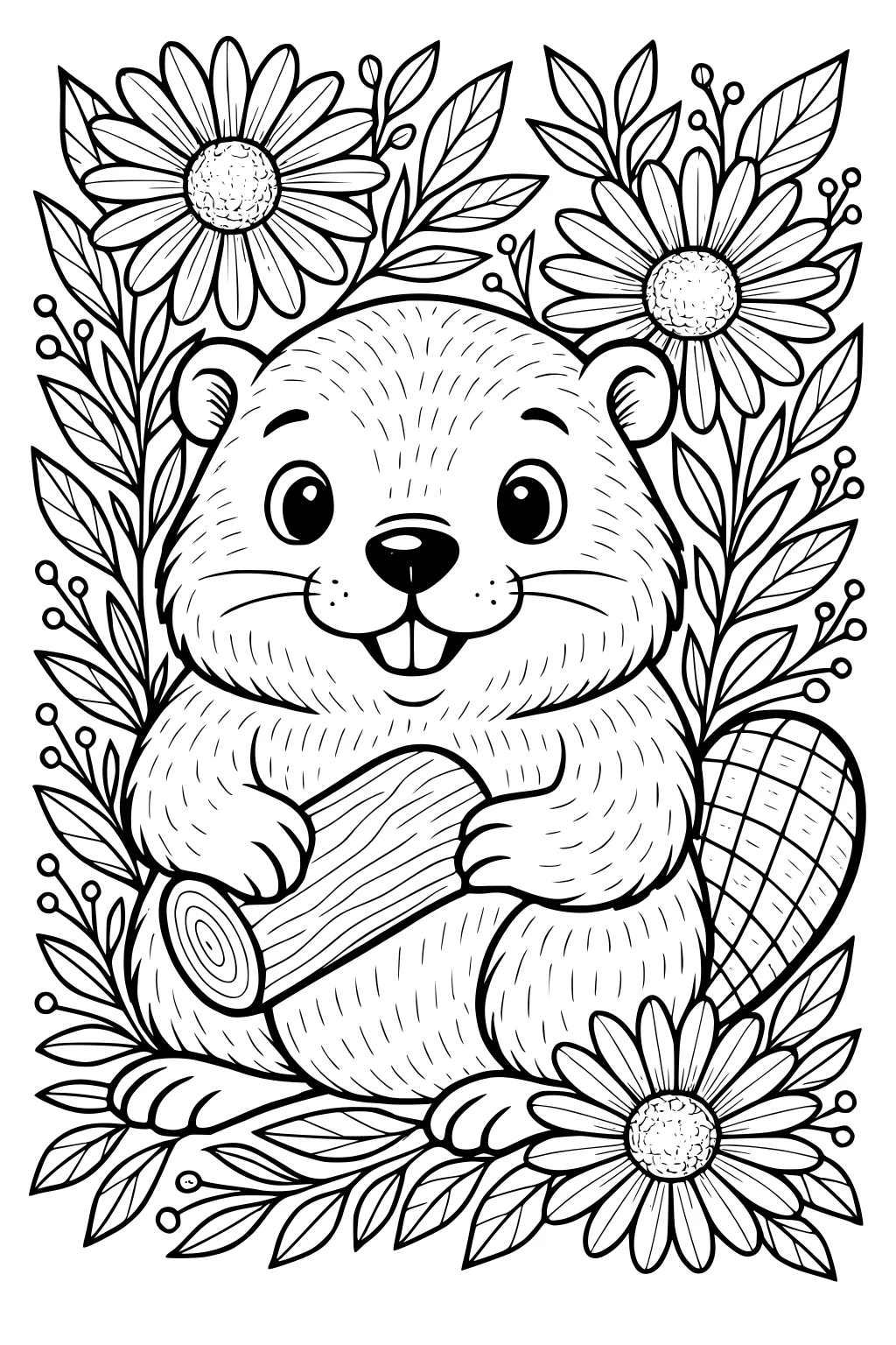 Beaver holding a log, surrounded by large daisies and leaves, with a flat tail and smiling face.