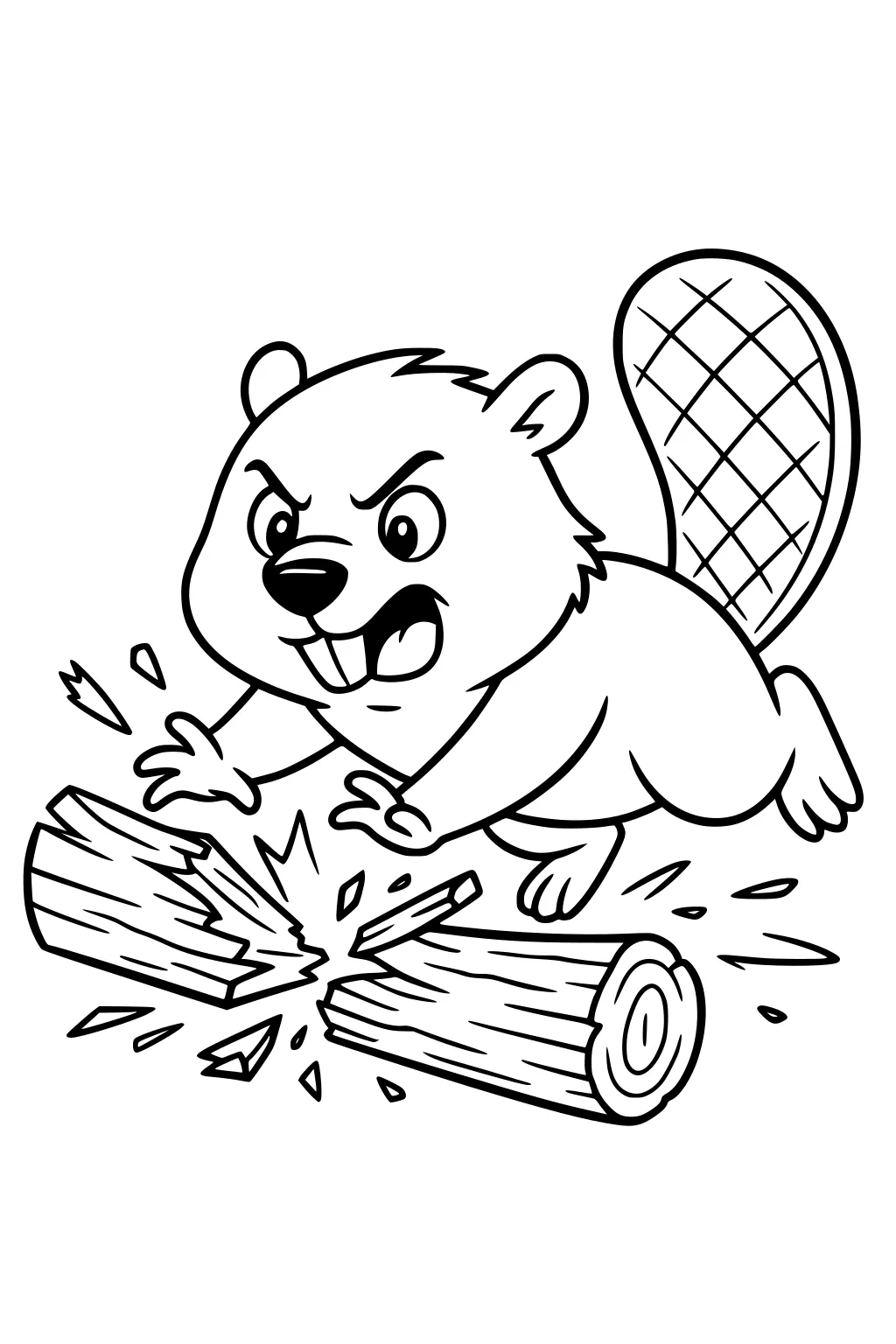 Cartoon beaver with big teeth breaking a log in half, wood chips flying, tail up.