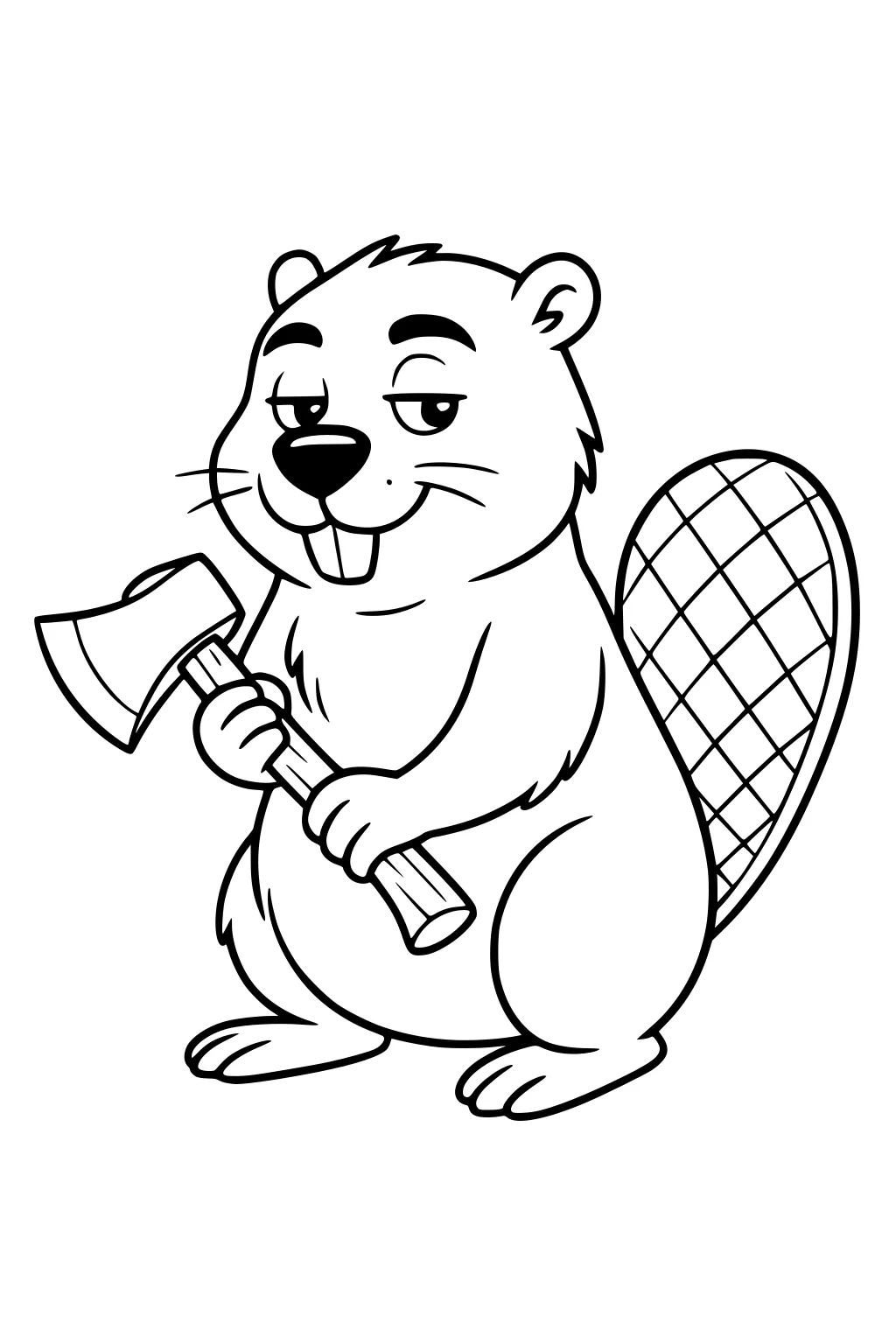 Cartoon beaver holding an axe, with a big toothy grin and crosshatched flat tail