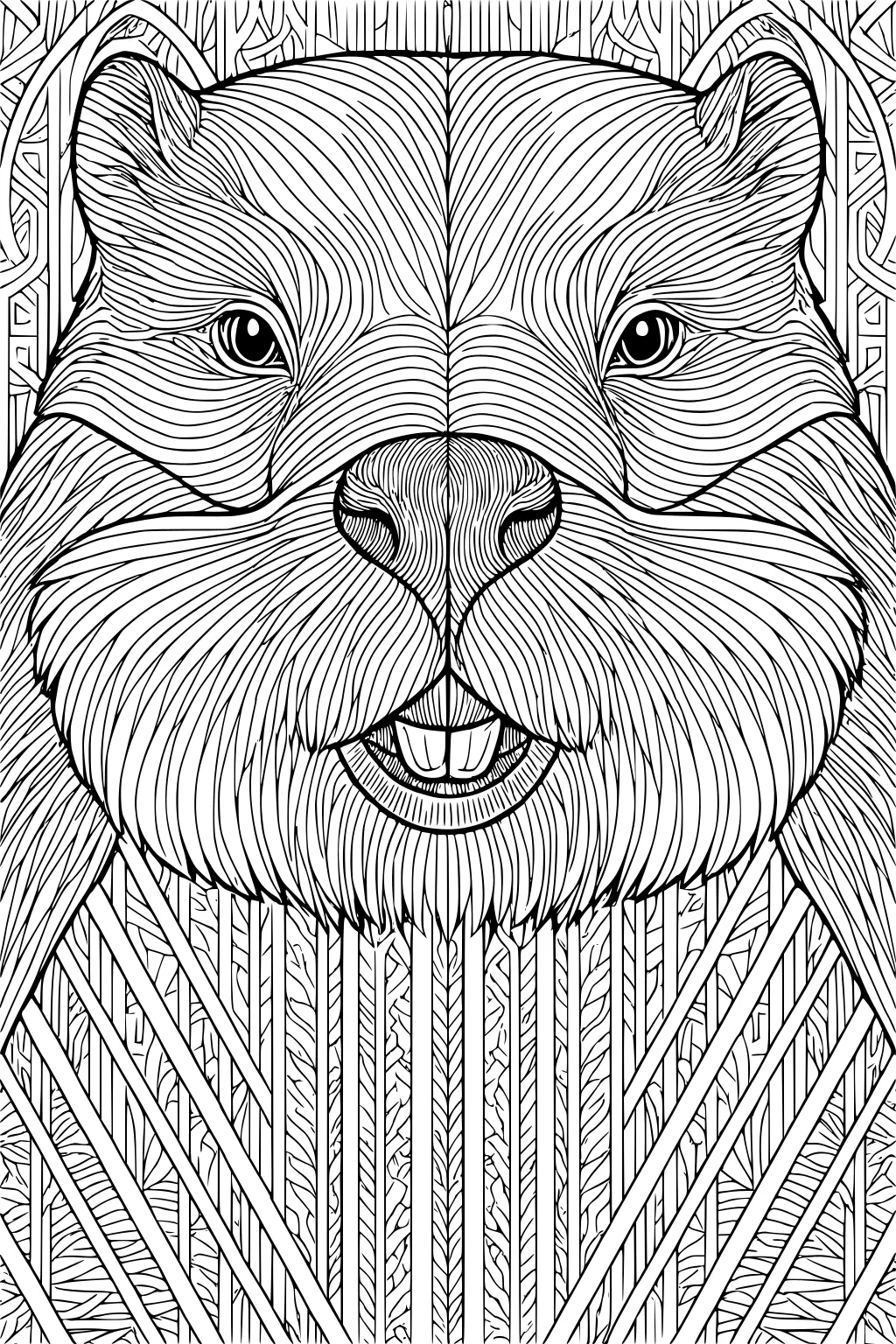 Detailed beaver face with big teeth and textured lines, surrounded by tree branch patterns in the background.