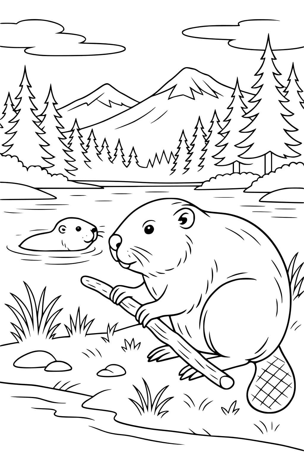 Two beavers by a pond with pine trees, one sitting on the bank with a stick, one swimming, with mountains in the background.