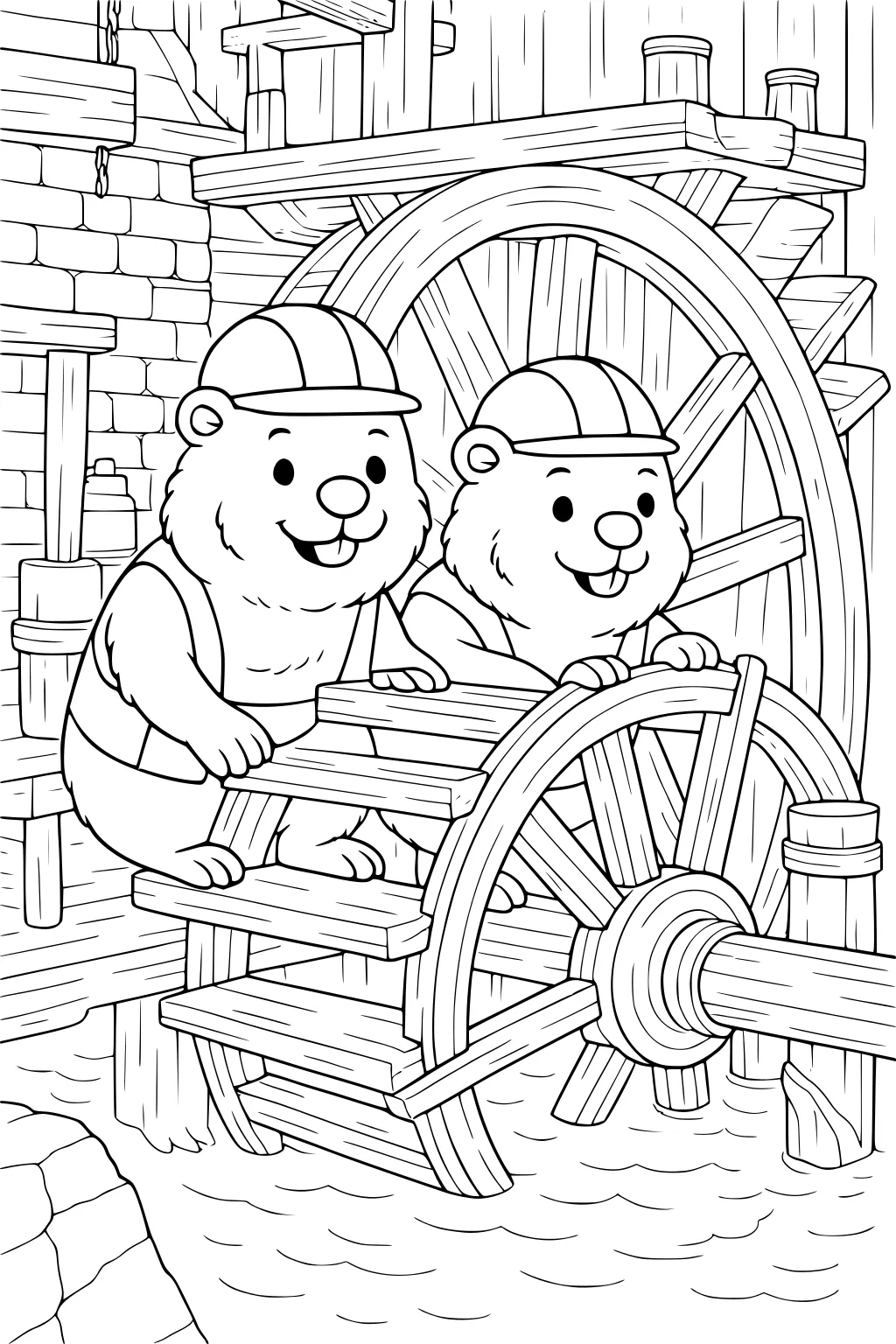 Two beavers in hard hats and overalls sit on wooden beams in front of a water wheel next to a stone wall and flowing water.