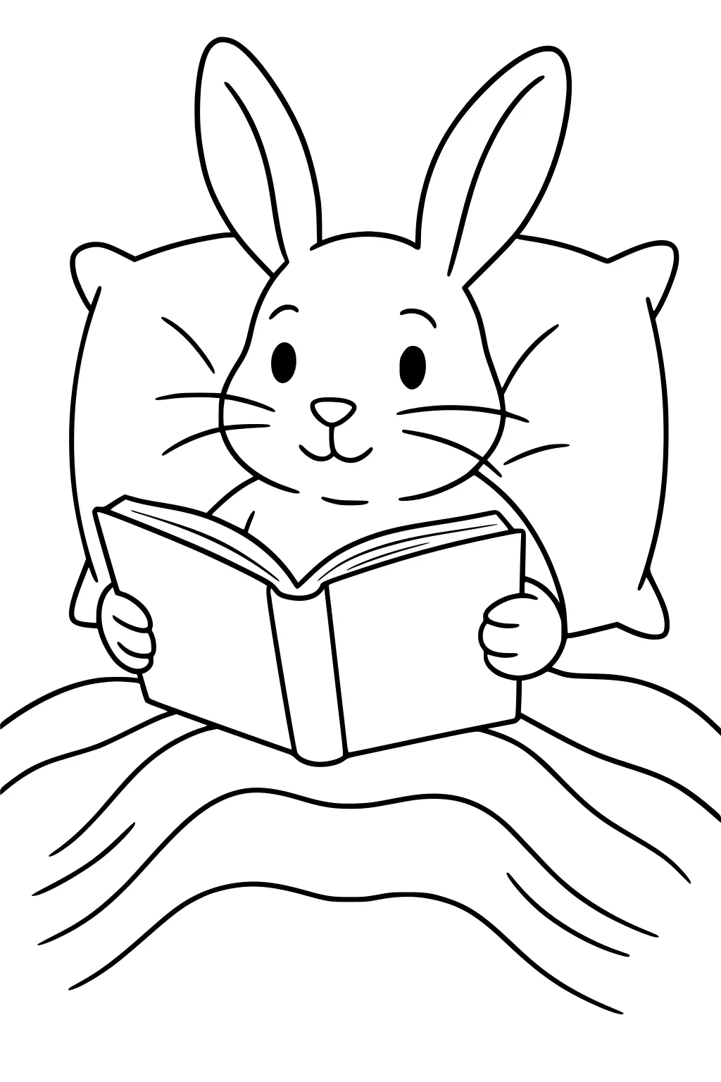 Rabbit sits up in bed, holding an open book, with a pillow behind and a striped blanket covering him.