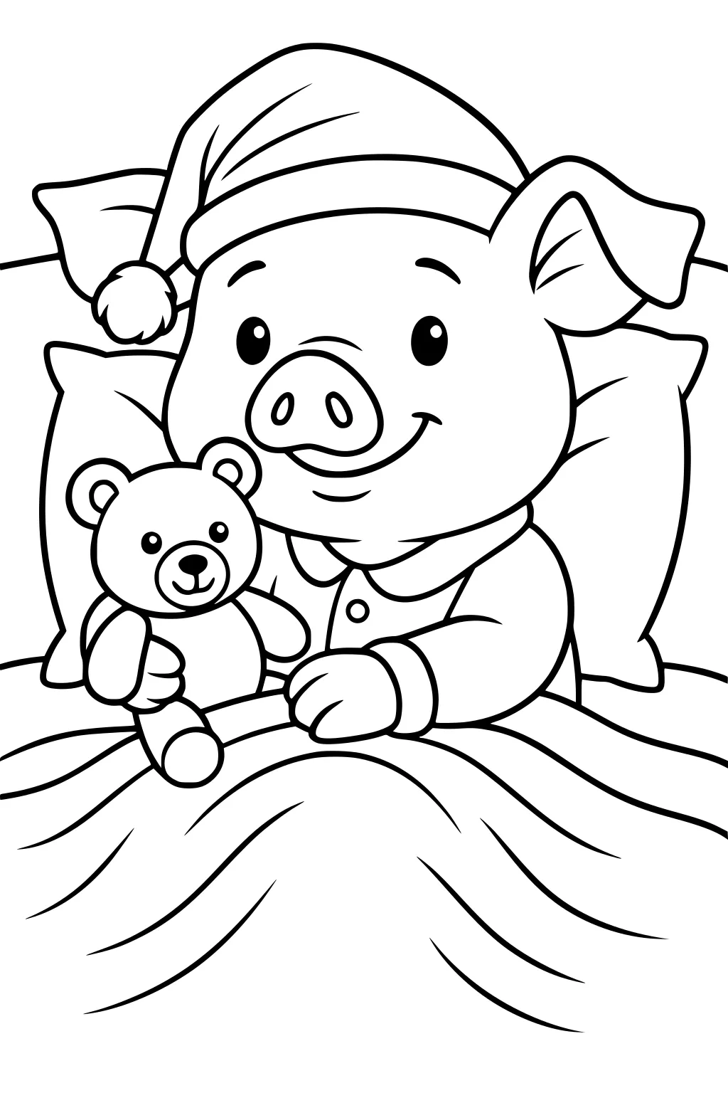 Piglet in pajamas and nightcap holding a teddy bear, tucked into bed with pillows and a blanket.
