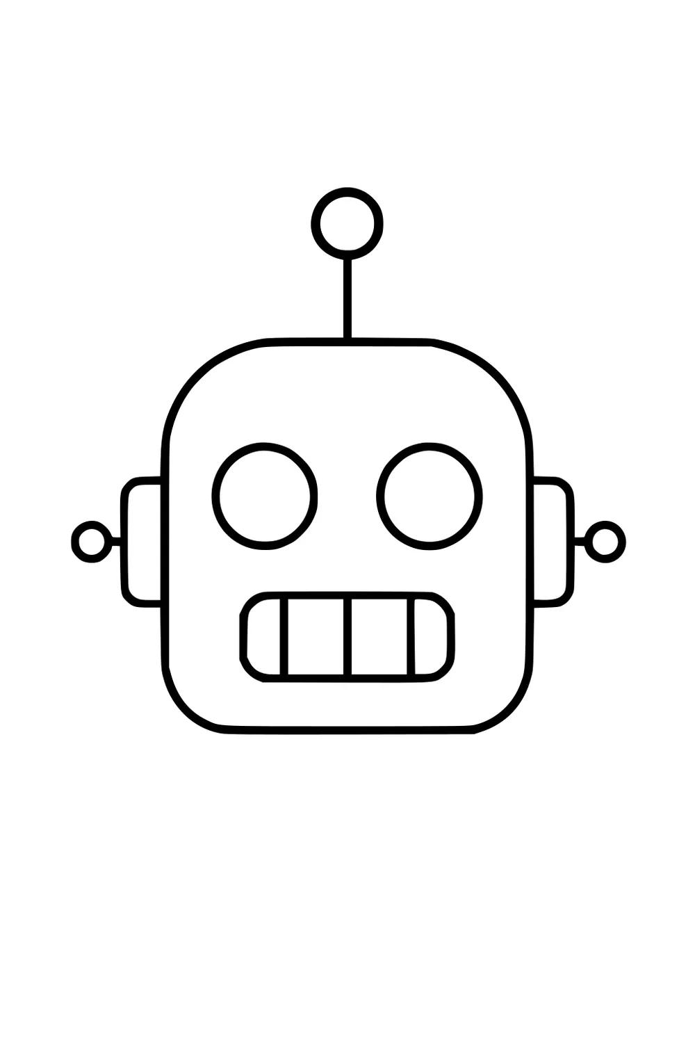 Cartoon robot head with round eyes, center antenna, side knobs, and a rectangular bar mouth, drawn with bold black outlines.
