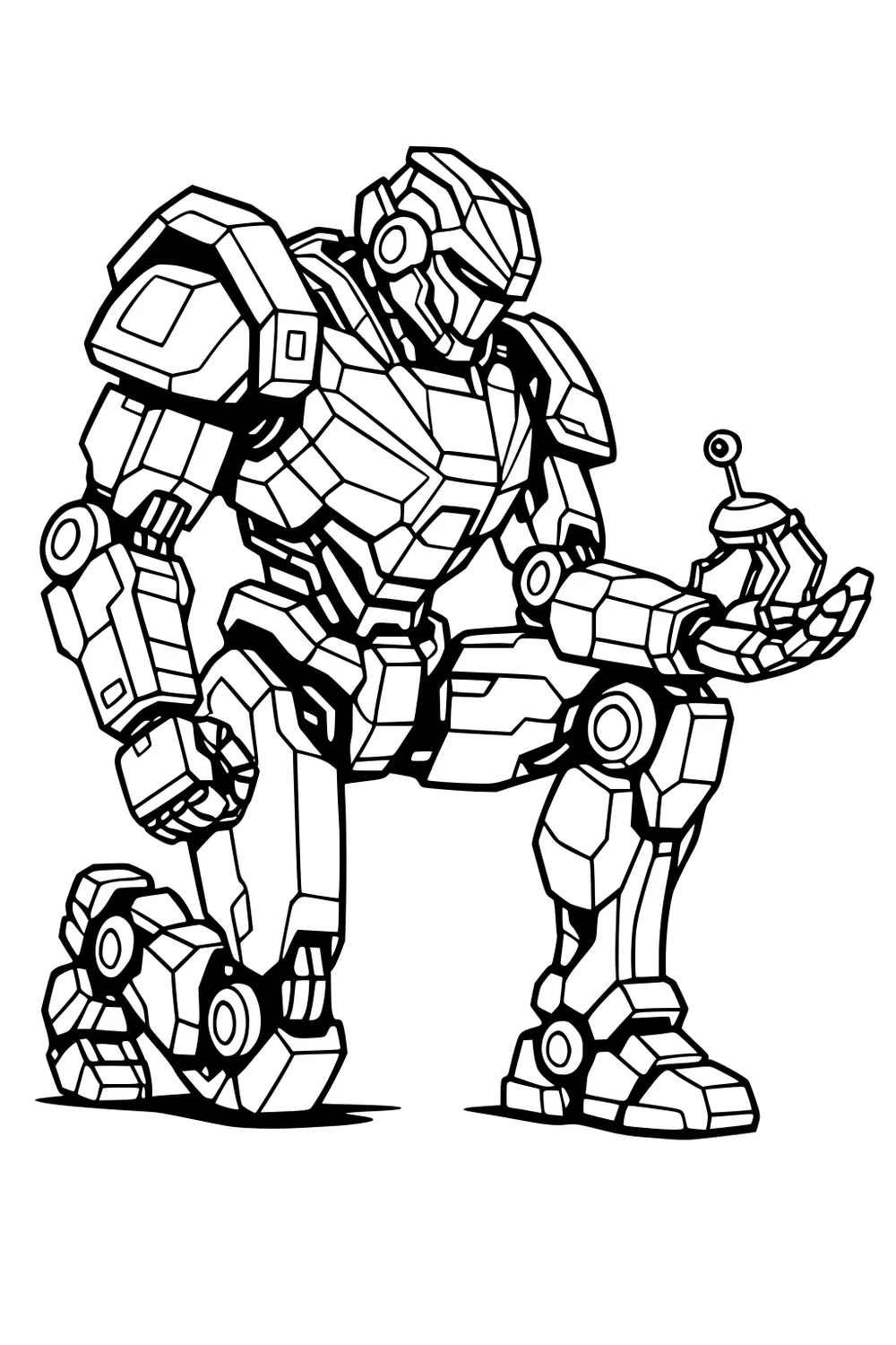 Armored robot kneels, holding a tiny robot with antenna in his hand; bold segmented panels and round joints.