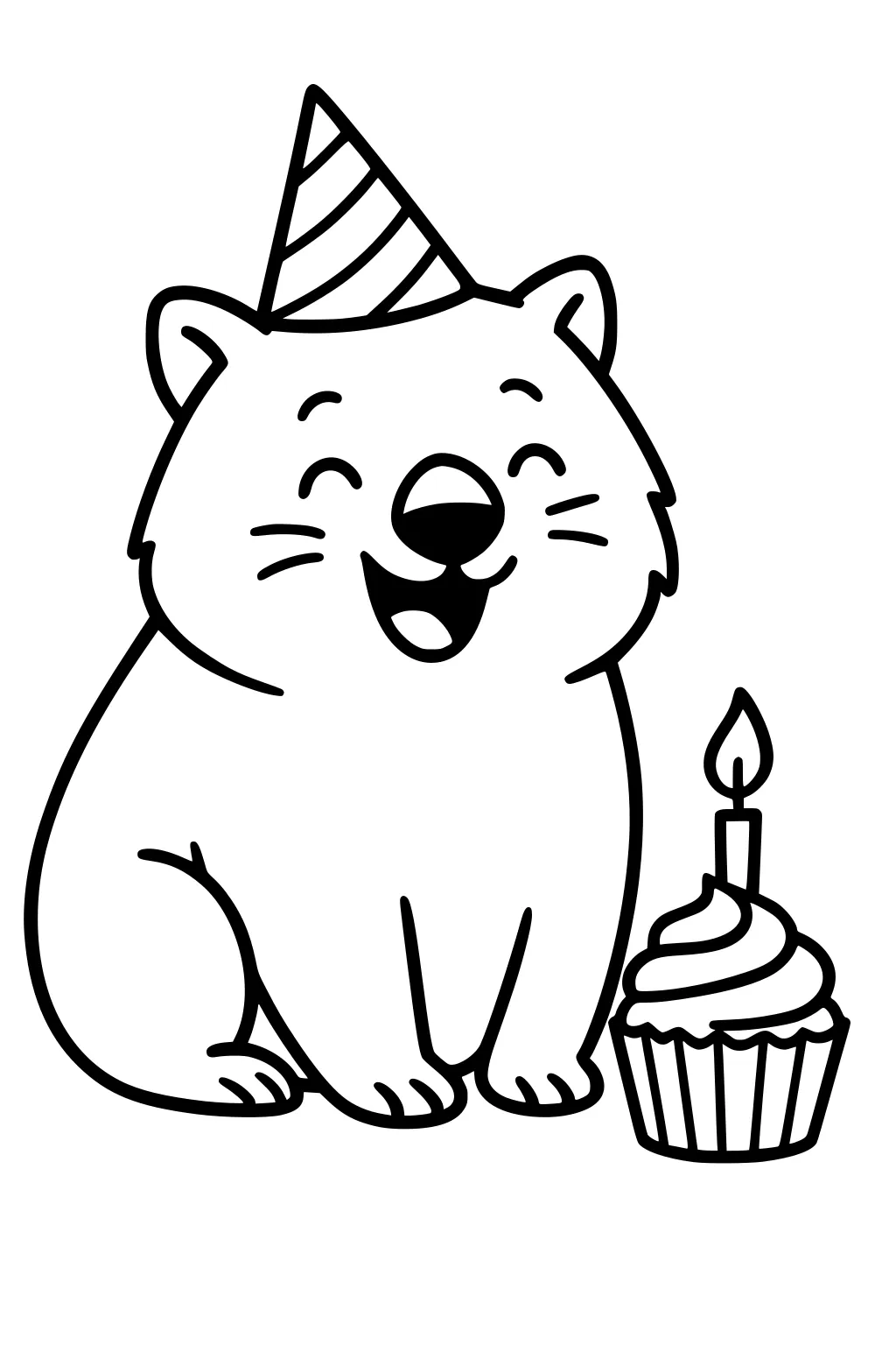 Smiling cartoon wombat in a striped party hat with a frosted cupcake and lit candle, drawn with bold simple outlines.