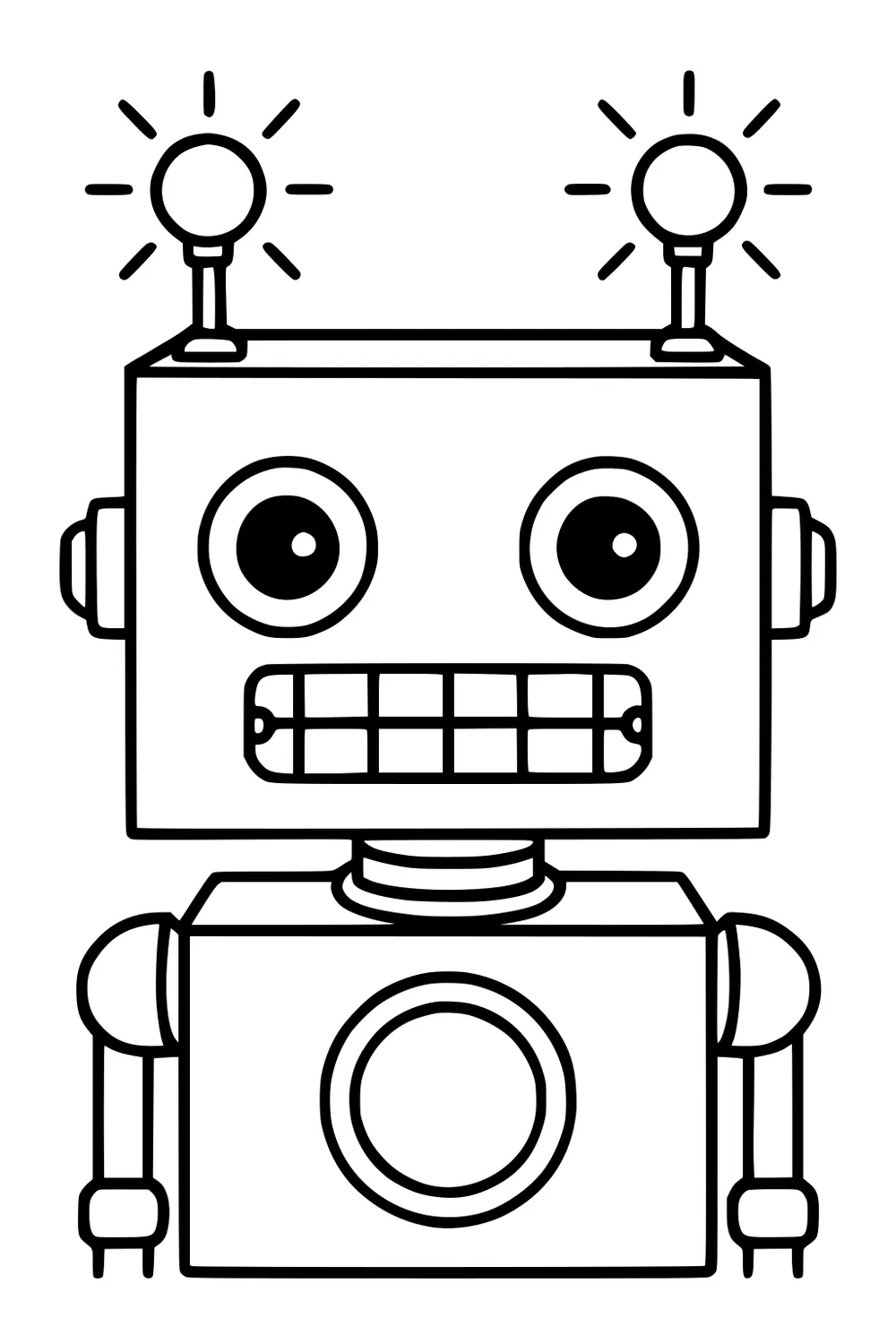 Cartoon robot with square head, two lit antennas, big round eyes, grinning grid mouth, jointed arms, and chest panel with a circle.
