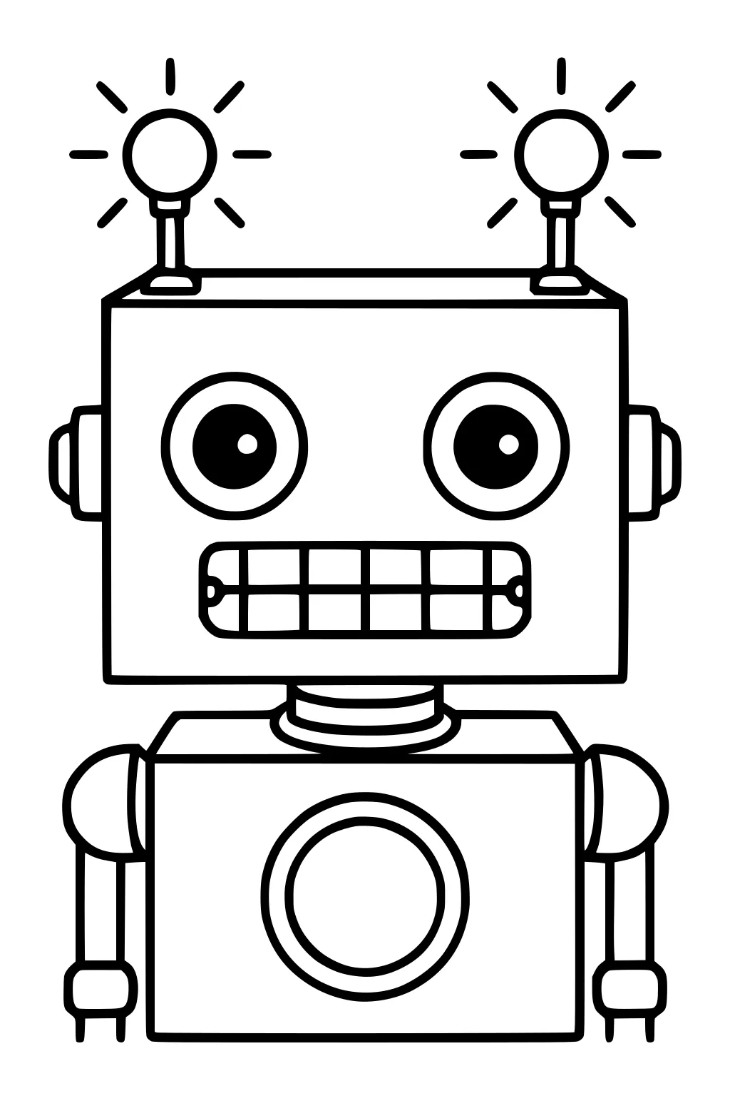Cartoon robot with square head, two lit antennas, big round eyes, grinning grid mouth, jointed arms, and chest panel with a circle.