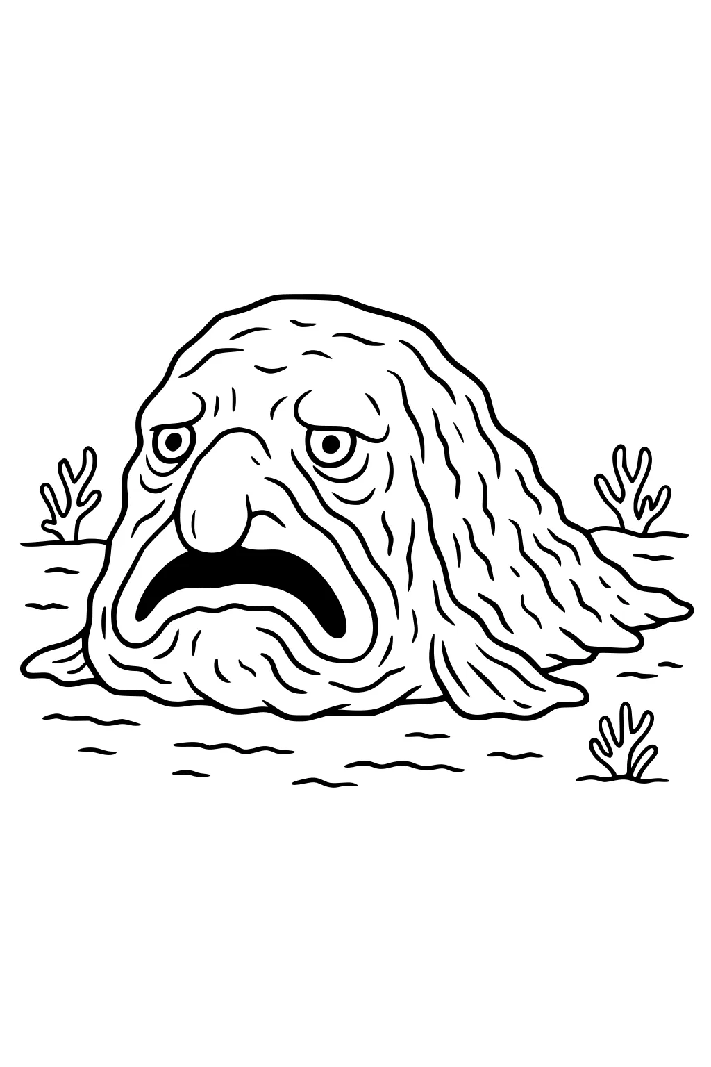 Wrinkly sea monster head with big frown and long nose rising in calm water, small coral tufts around, bold cartoon line art.