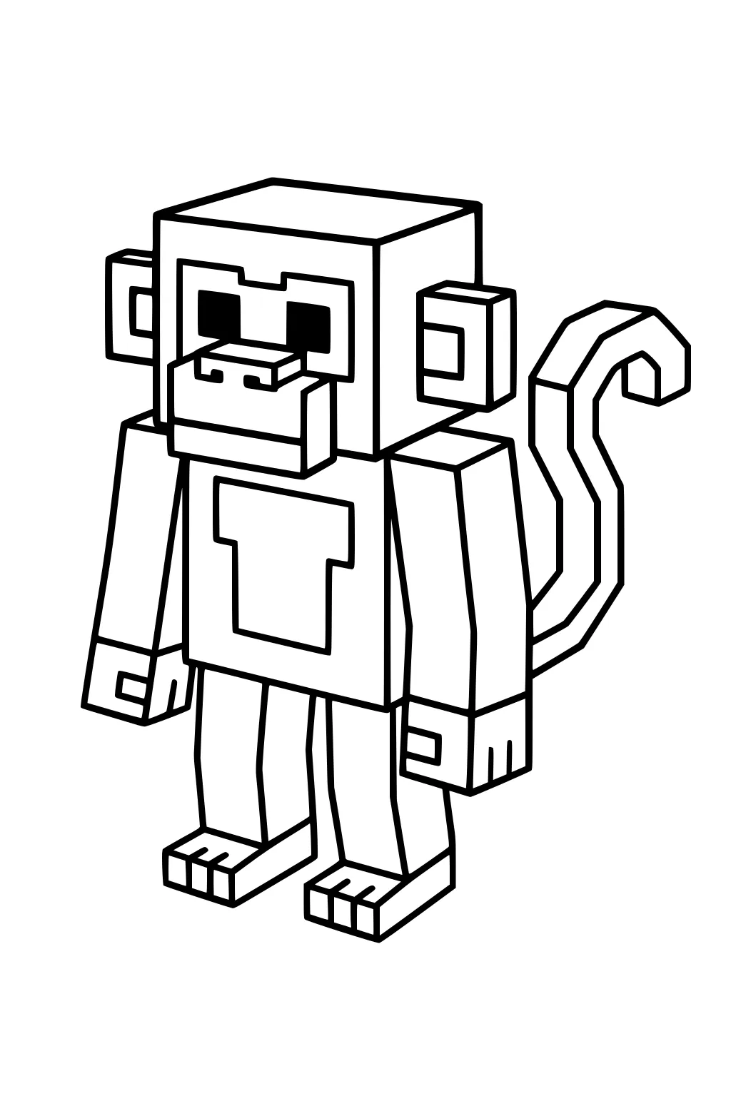Blocky monkey with square head, box ears, curled tail, dark square eyes, blocky limbs, and a T shape on his chest.