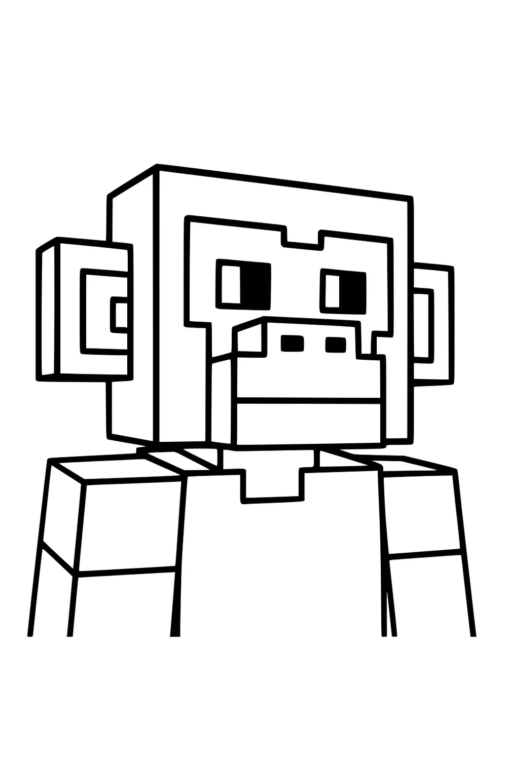Blocky cartoon monkey with square head, box ears, and rectangular muzzle, shown from the chest up with bold outlines.