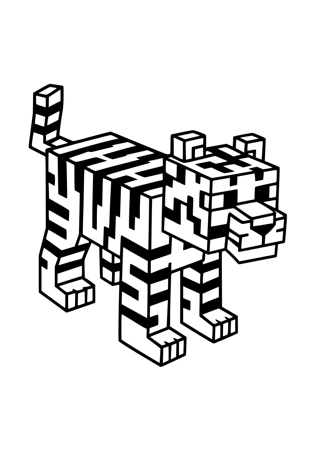 Blocky pixel tiger with striped body, square ears, and a large square nose. Four legs, bold outlines, simple background.