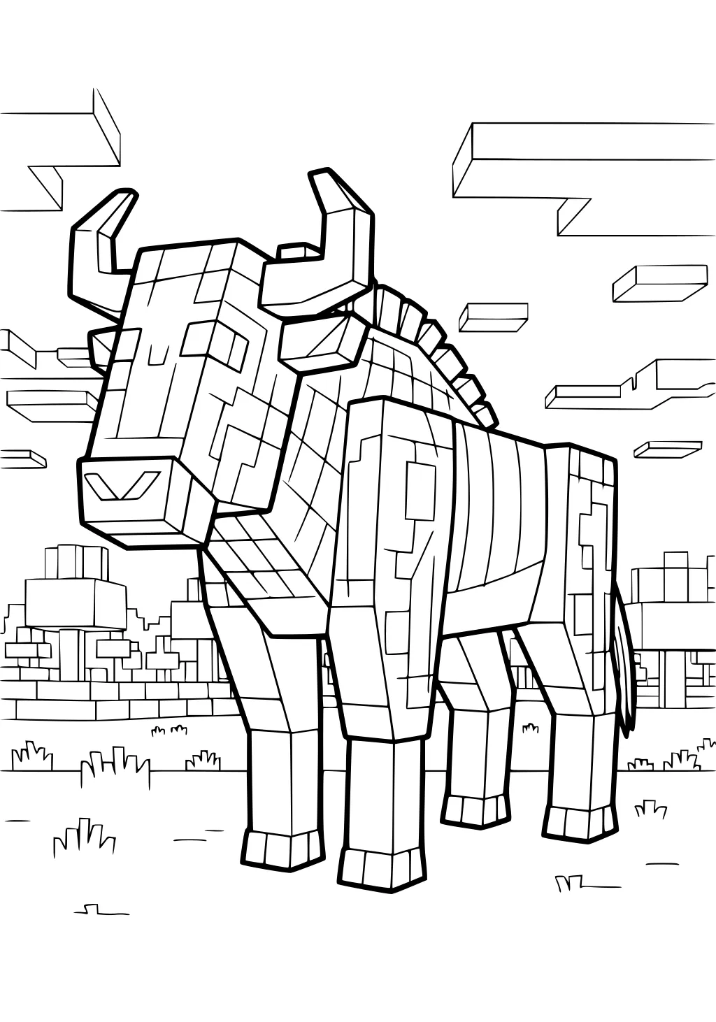 Blocky wildebeest with large horns on a grassy savanna, square clouds and distant trees behind, bold outline drawing.