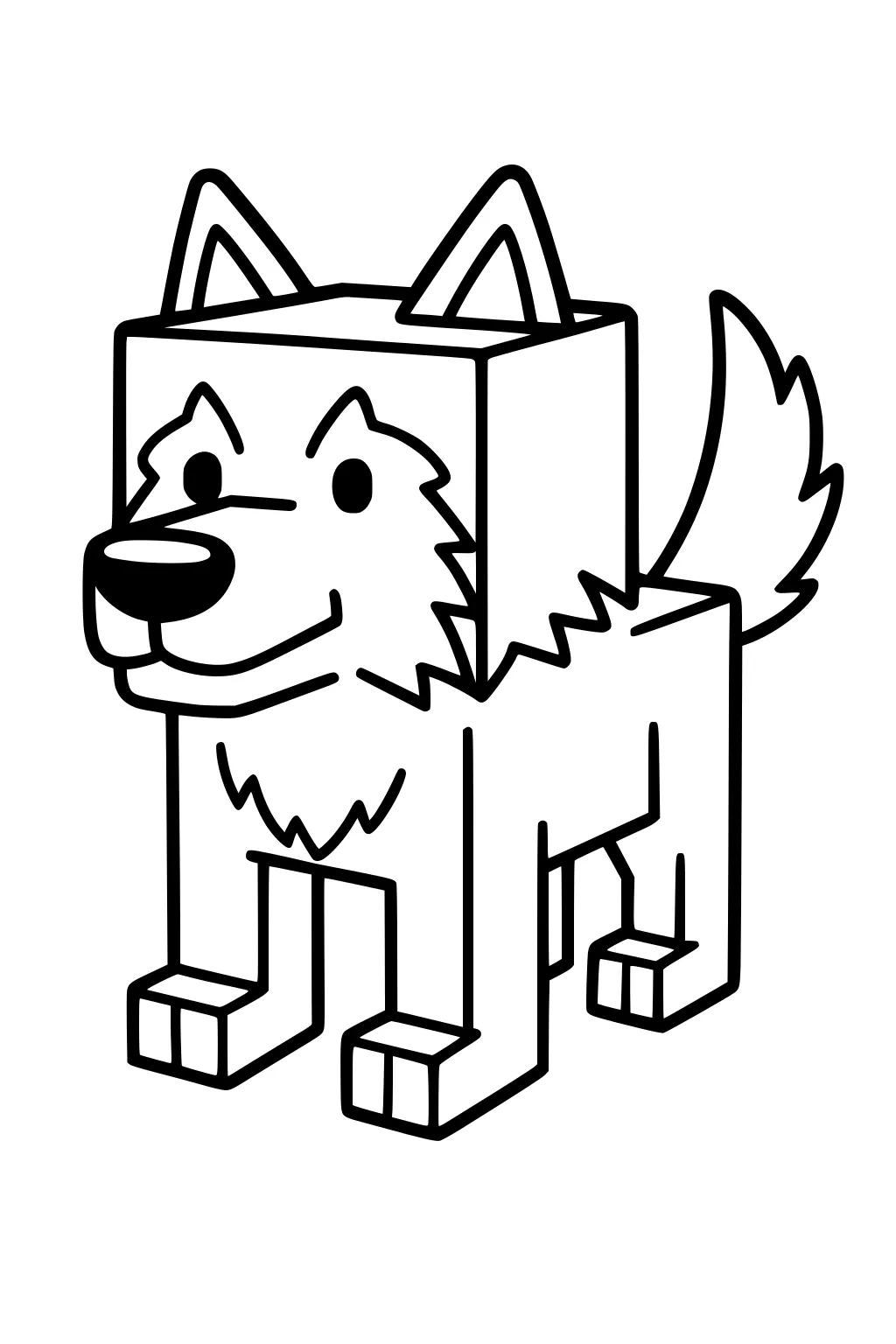 Blocky cartoon wolf with square head, perky ears, big oval nose, zigzag cheek fur, fluffy tail, and four cube paws in bold outlines.