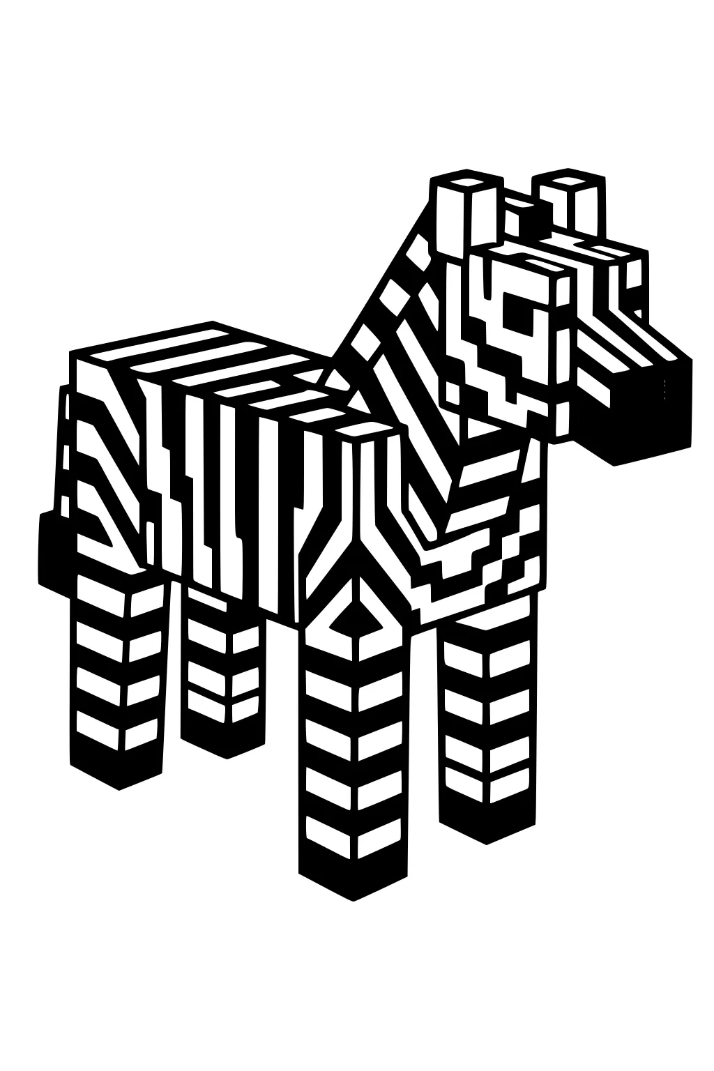 Blocky pixel-style zebra with bold black-and-white stripes, square ears, boxy muzzle, and rectangular legs, isolated on white.