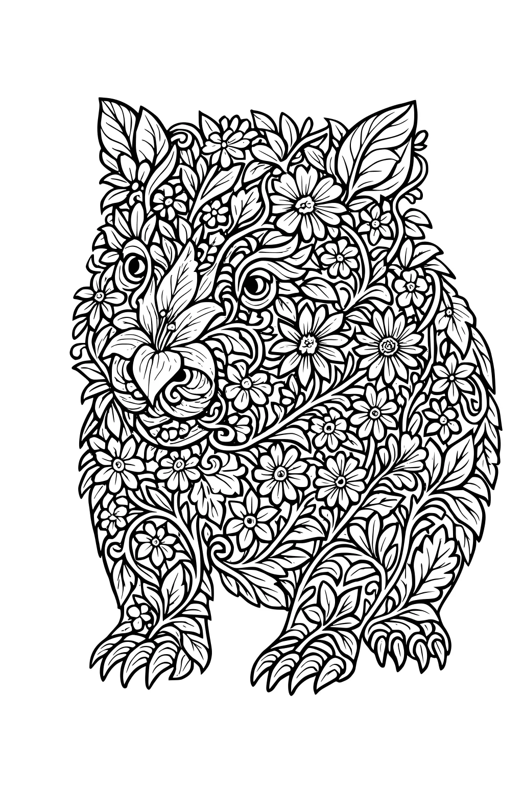 Wombat silhouette filled with flowers and leaves, big eyes, leafy ears, and clawed paws in black-and-white line art.
