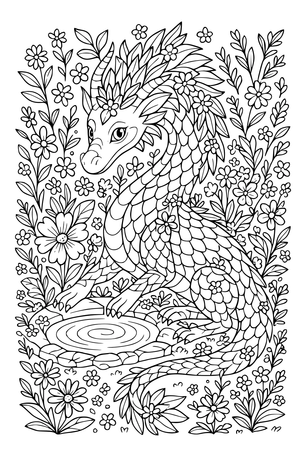 Friendly dragon by a stone pond, covered in scales with leafy frill, surrounded by flowers and leaves, tail curled.