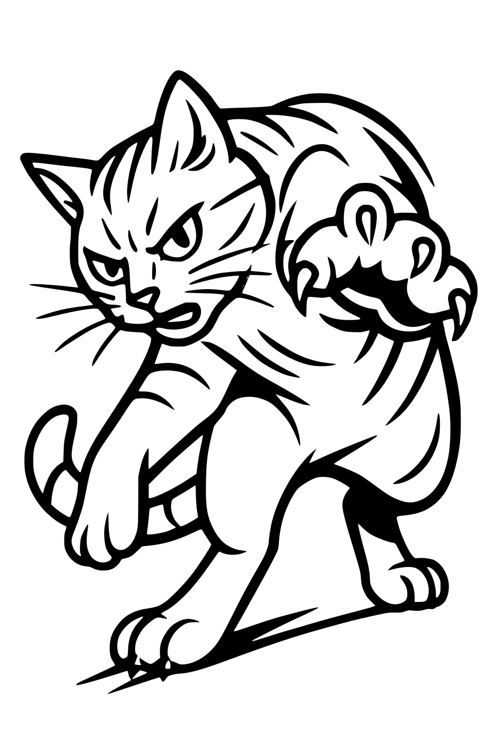 Line art of a crouched domestic cat with an open mouth and raised paw showing claws.