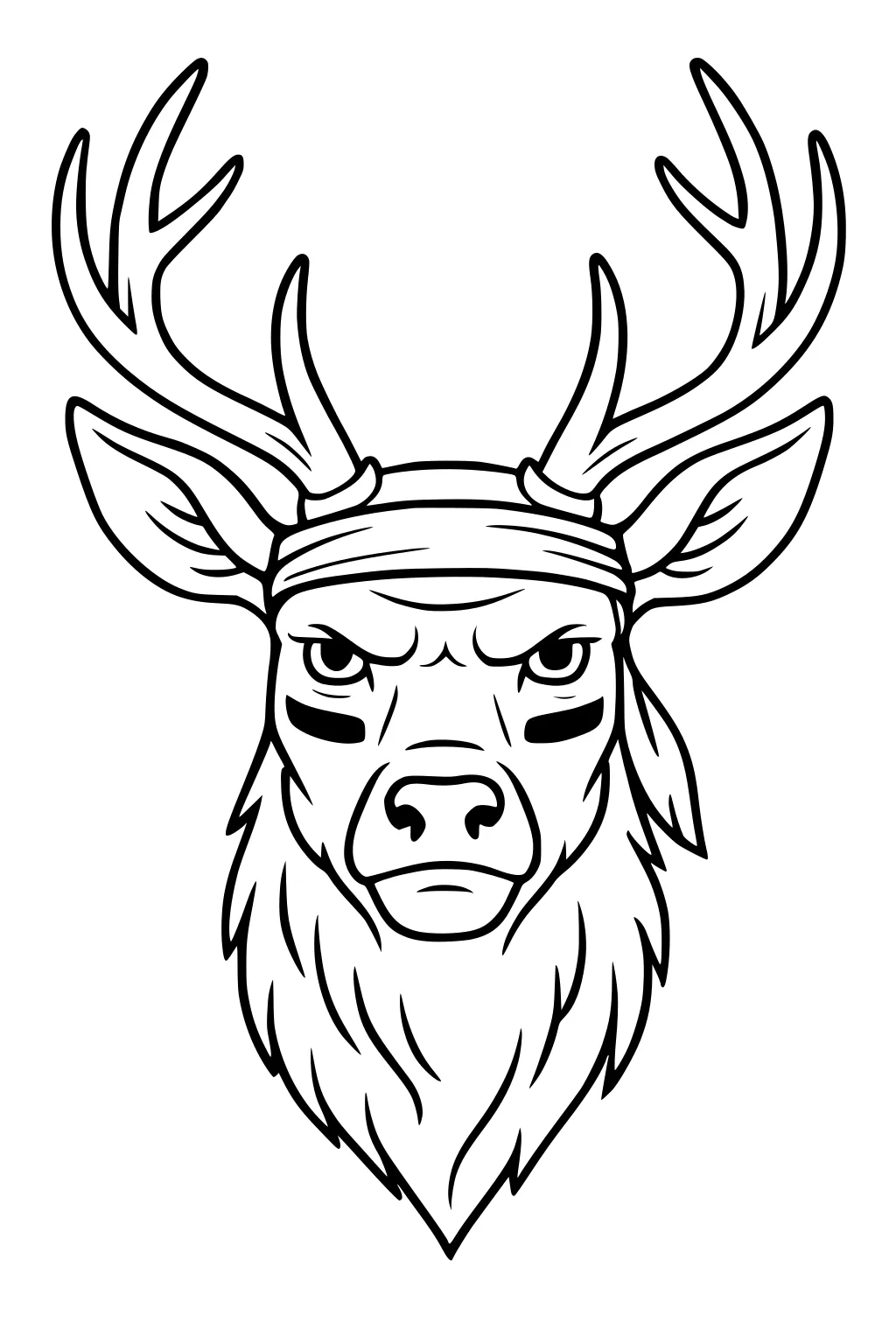Deer head with antlers, headband, and face paint, looking serious. Black outlines on white background.