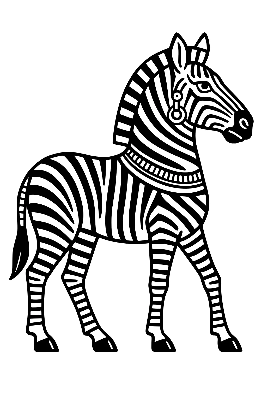 Stylized zebra with bold stripes, hoop earring, and patterned collar, standing in profile with upright ears and tail.