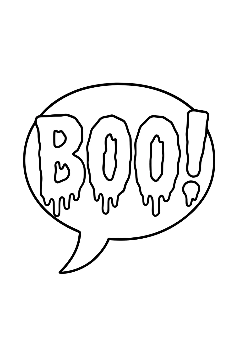 Large speech bubble with dripping BOO letters and exclamation mark in bold outline, simple Halloween word art with wide open spaces.