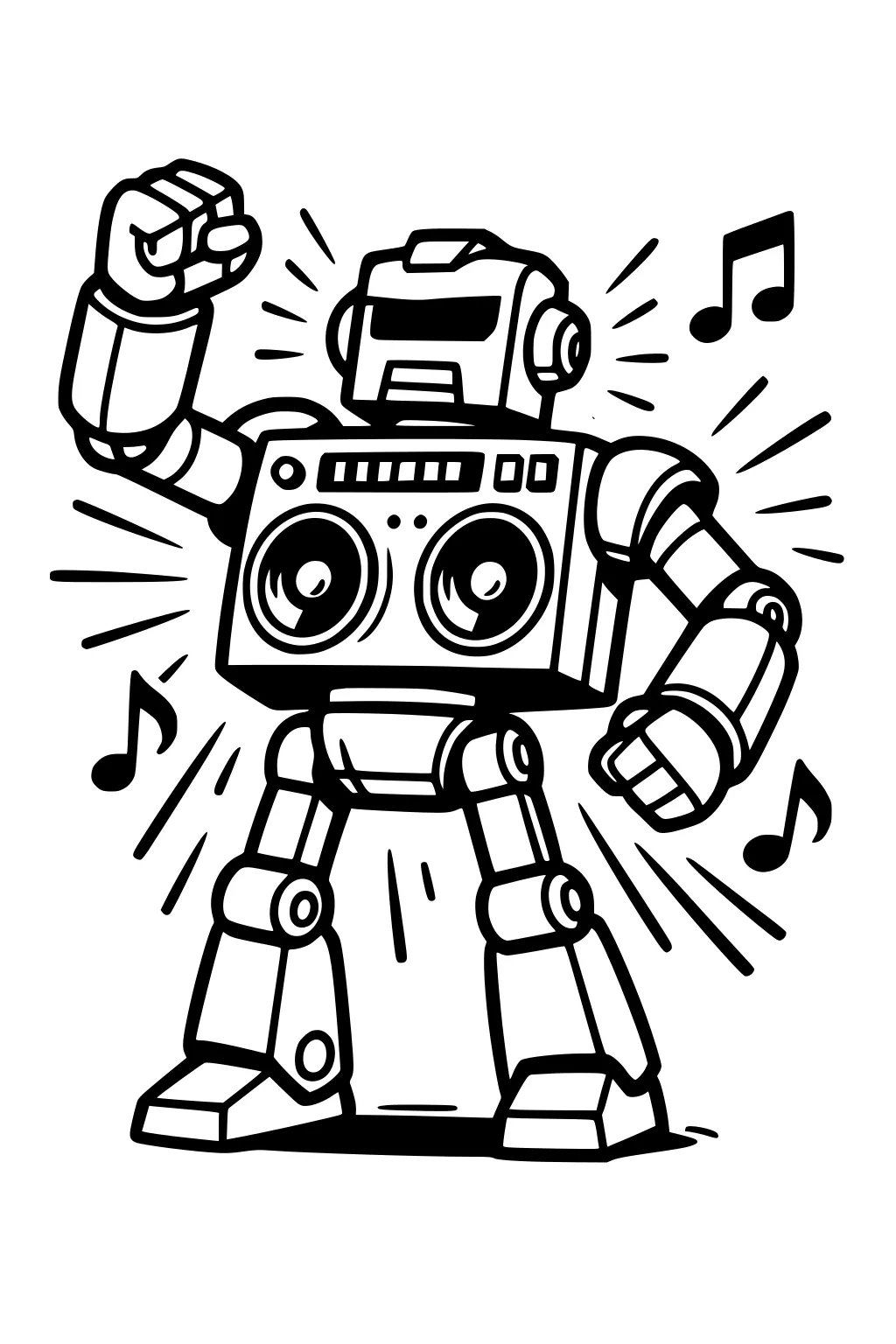 Dancing robot with boombox chest, raised fist, speakers, music notes and motion lines in bold cartoon style.