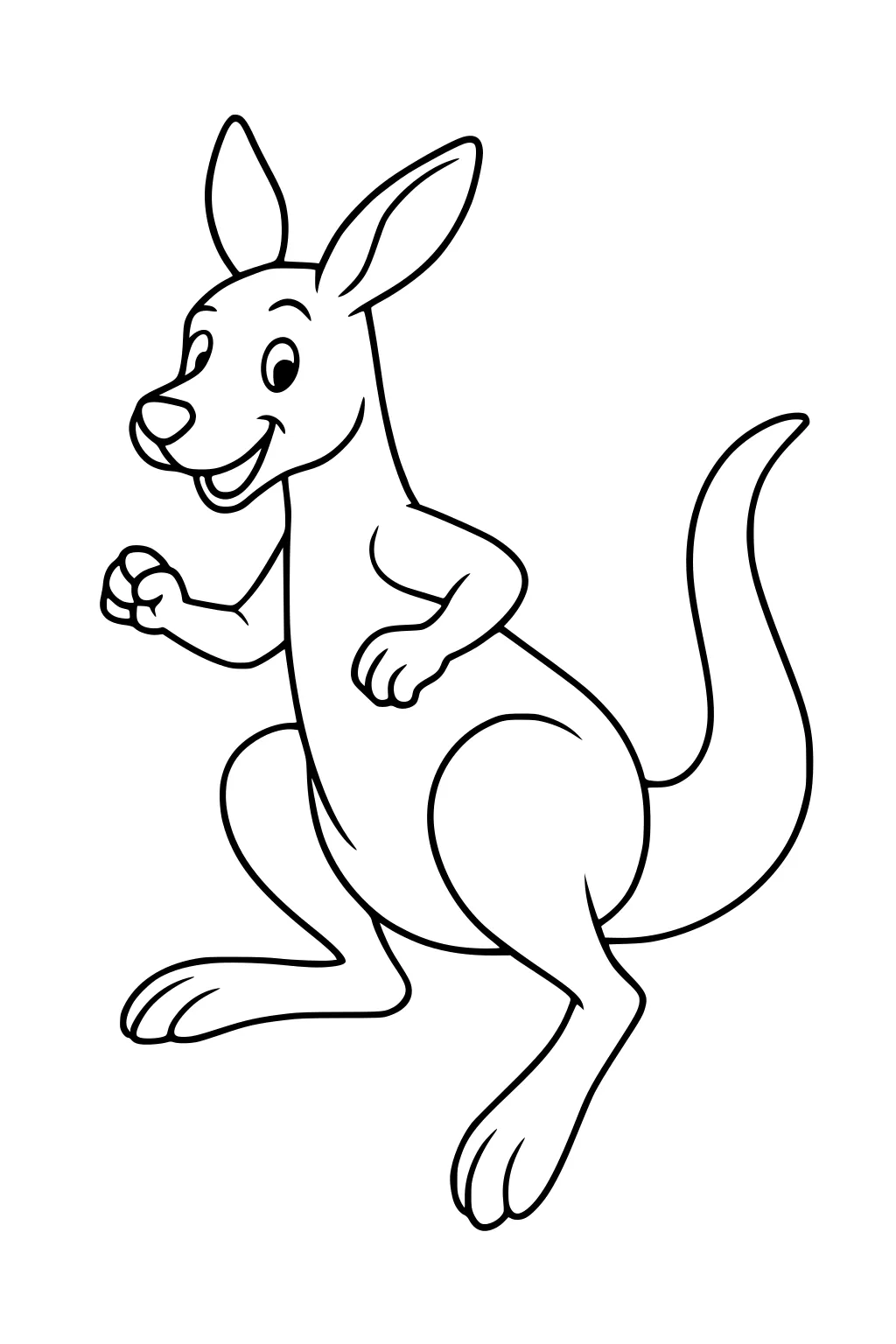 Cartoon kangaroo with big ears, smiling face, bent legs, and long curved tail, drawn in simple black outlines.