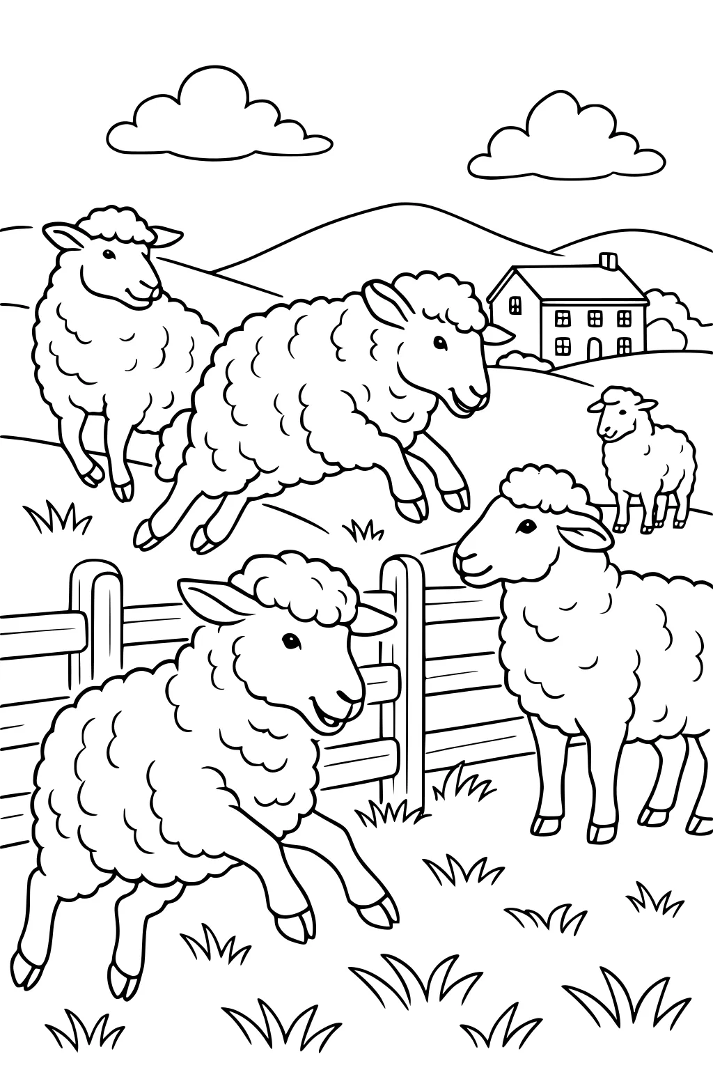 Five sheep with fluffy coats, grassy field, wooden fence, farmhouse, rolling hills, and clouds in the background.