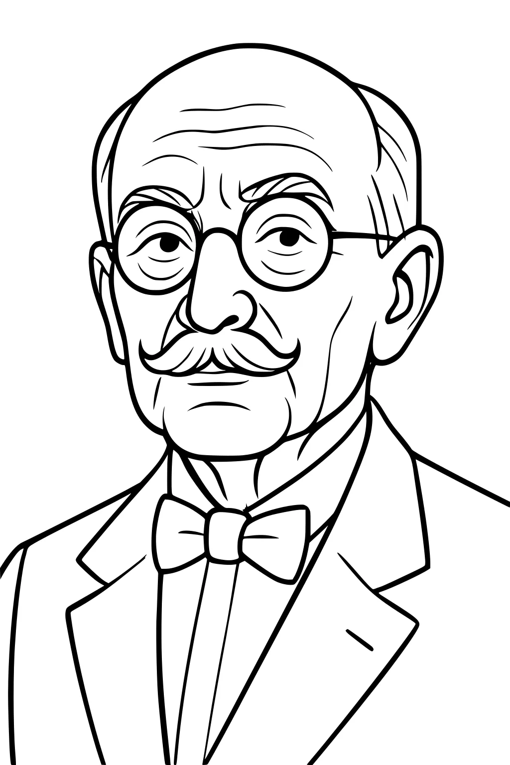 Elderly man with round glasses, mustache, and bow tie in a suit; head-and-shoulders line art portrait with calm expression.