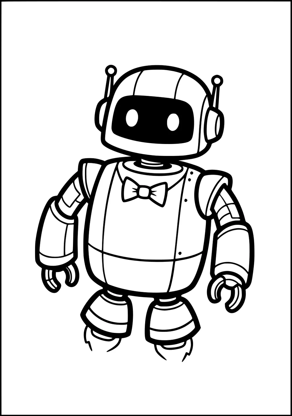 Cartoon robot with antennas, black screen face, bow tie, jointed arms, claw hands, and rocket boots on a plain background.