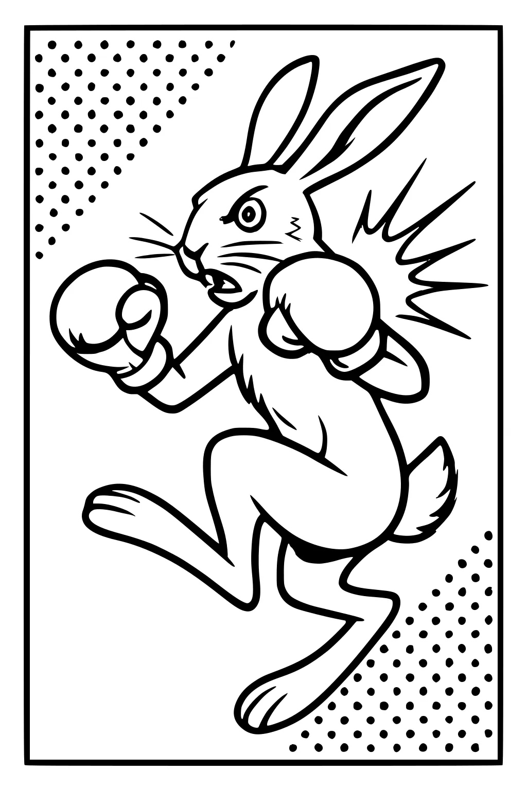 Cartoon hare with boxing gloves leaping in the air against a comic dot background.