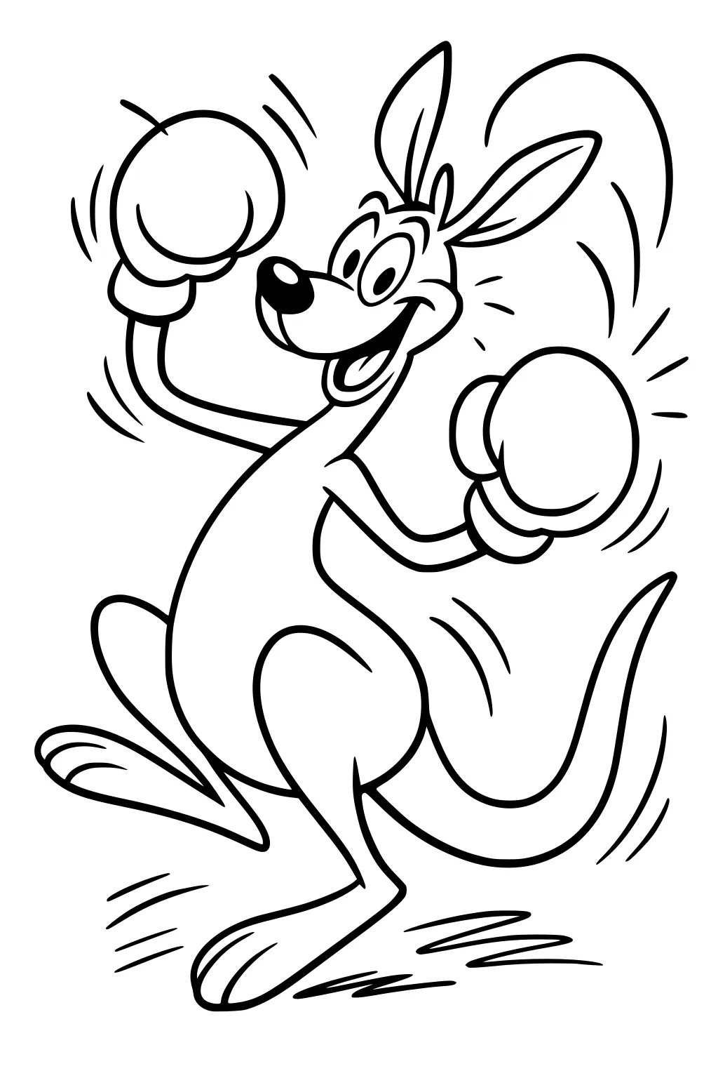 Cartoon kangaroo wearing boxing gloves, jumping in the air with a big smile and upright ears.