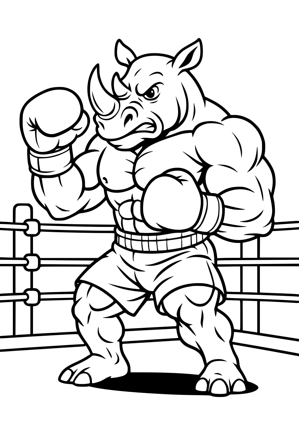 Muscular rhinoceros wearing boxing gloves and shorts standing in a boxing ring, looking determined.