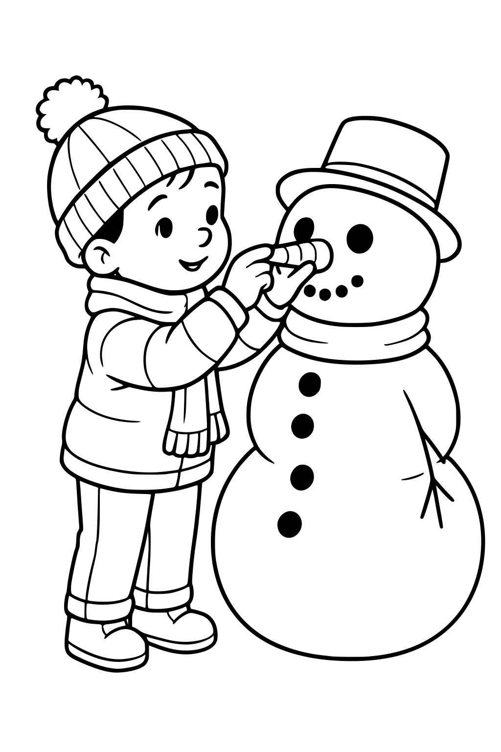 Boy adds a carrot nose to a snowman with top hat, scarf, coal eyes, dotted smile, and round buttons.