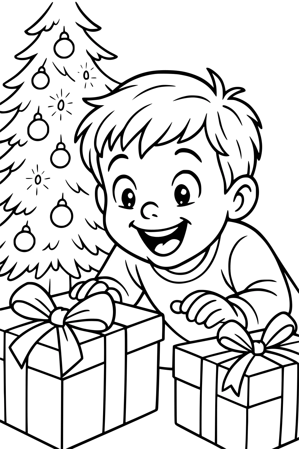 Smiling boy by a decorated Christmas tree, hands on two wrapped presents with big bows and ribbons.