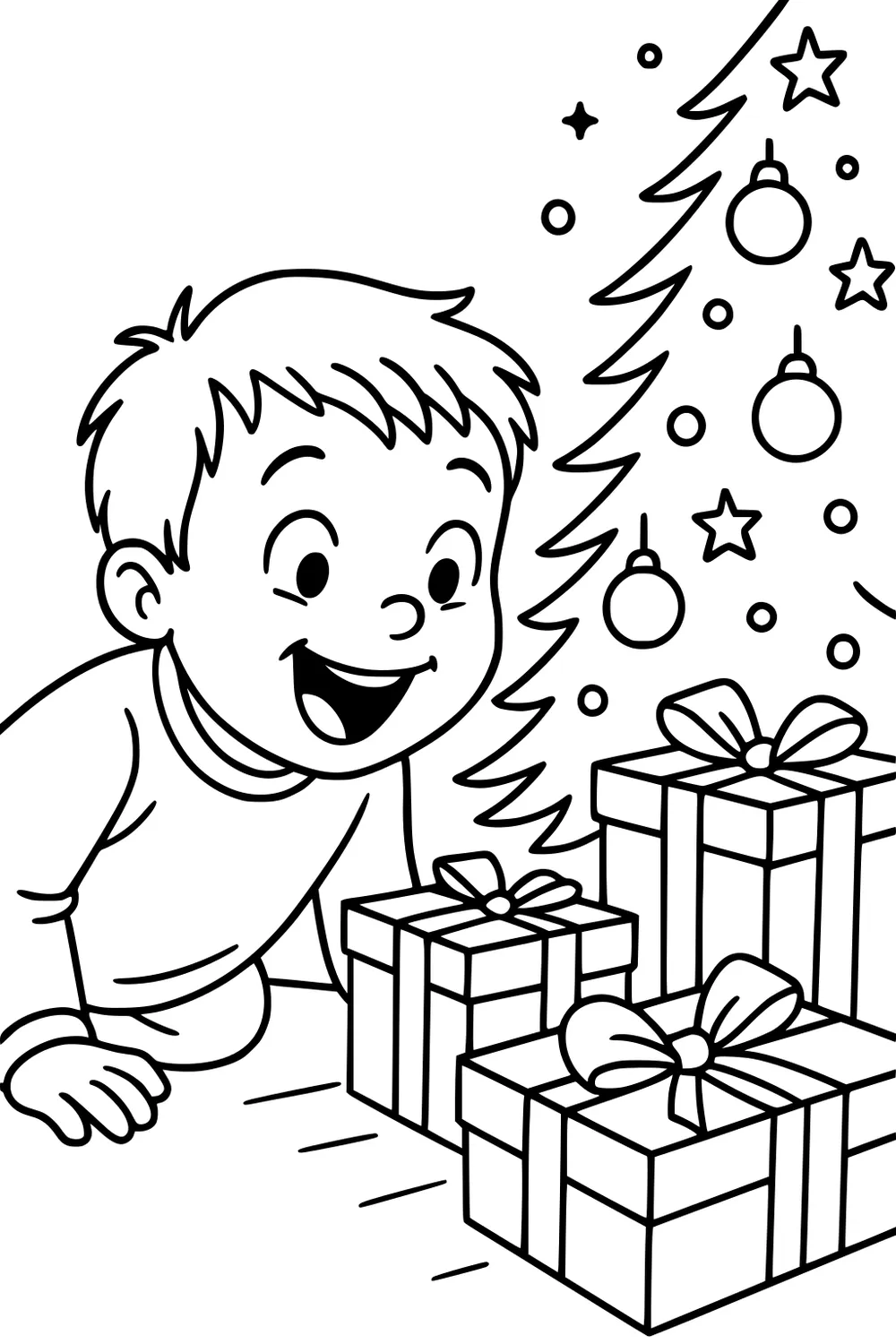 Smiling boy kneels by decorated Christmas tree with ornaments and stars, eyeing three wrapped gifts with big bows on floor.