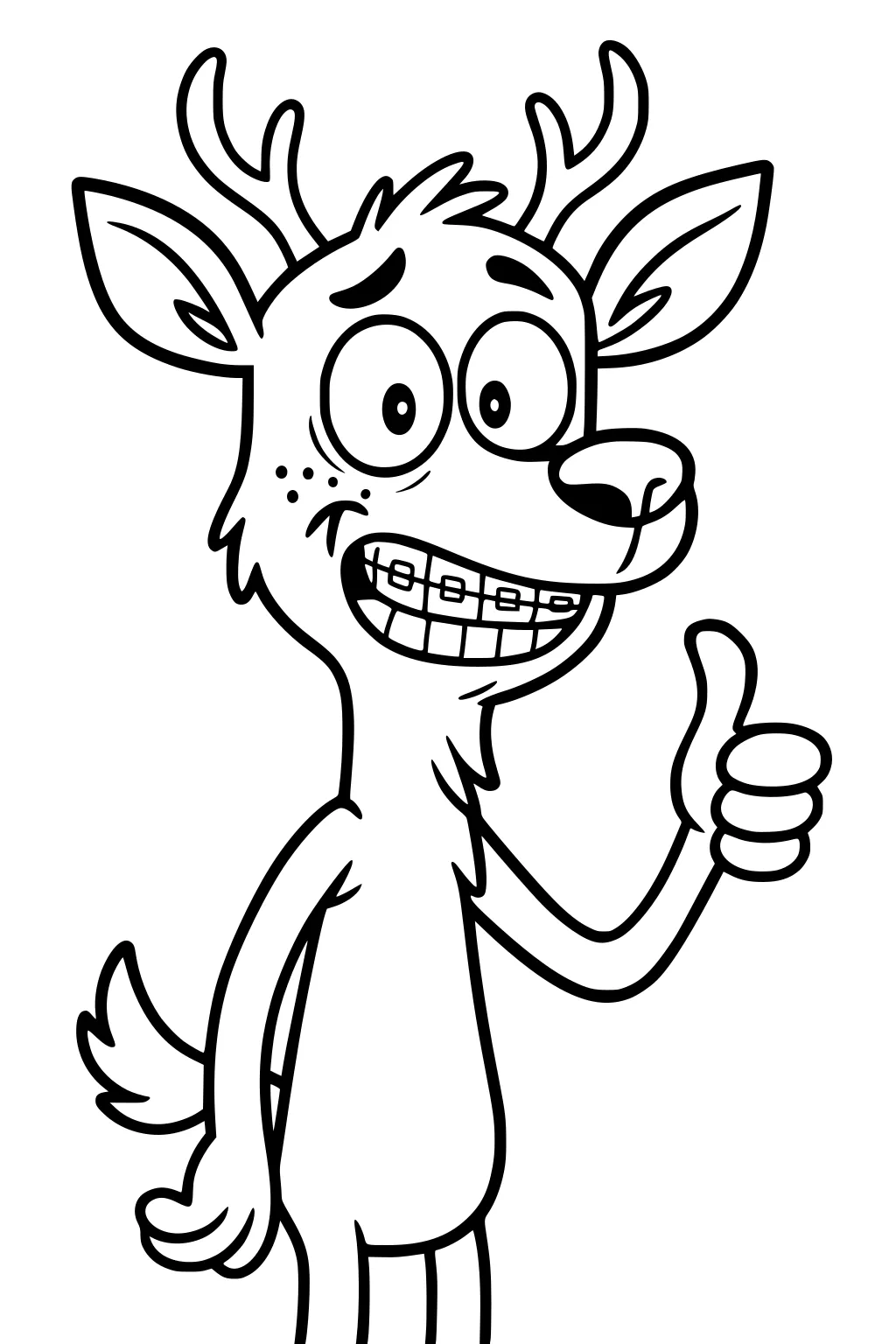 Cartoon deer standing upright with braces and giving a thumbs up with one hand.