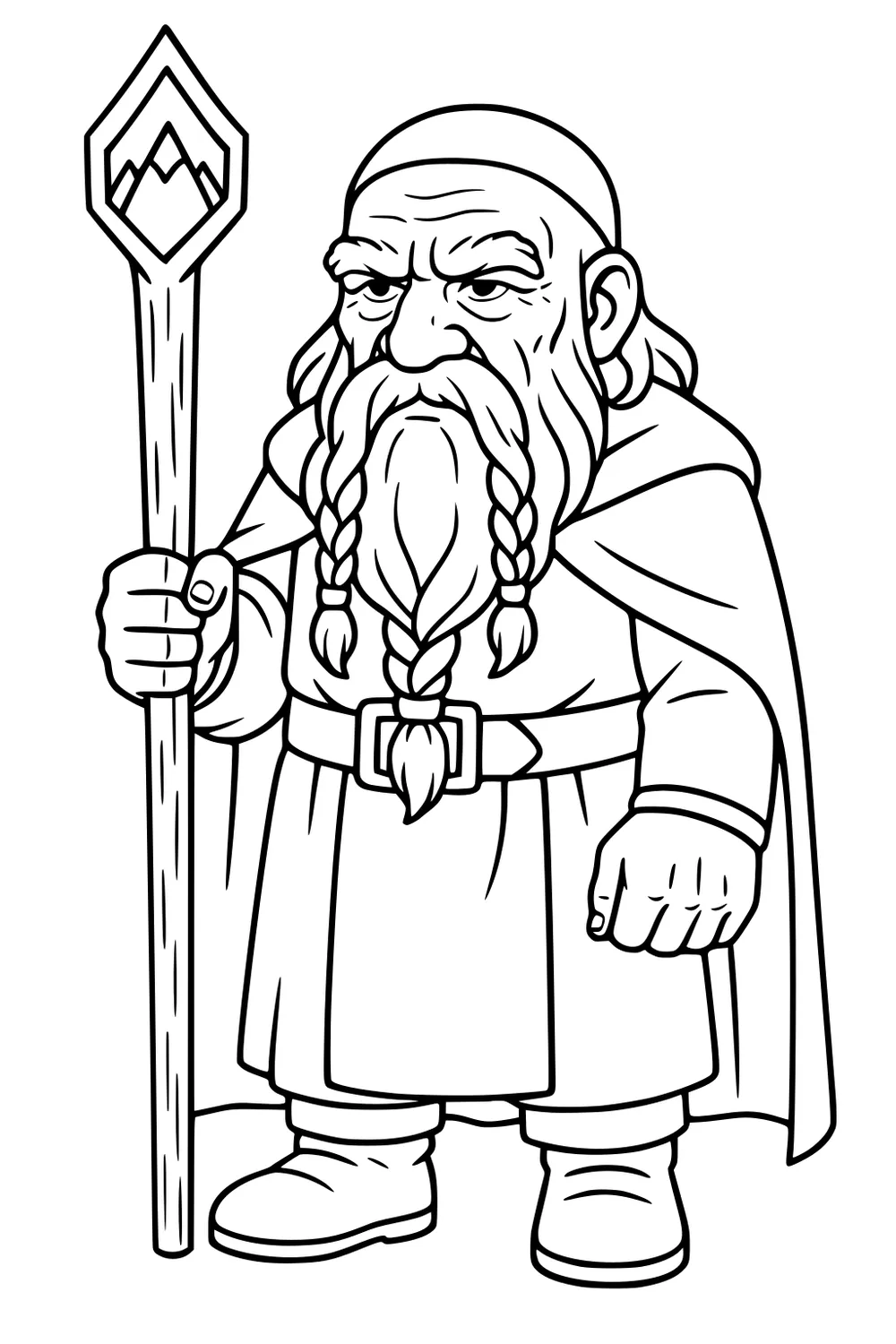Cartoon dwarf with braided beard holding a staff with mountain emblem, wearing cloak, belt, boots and cap, black-and-white line art.