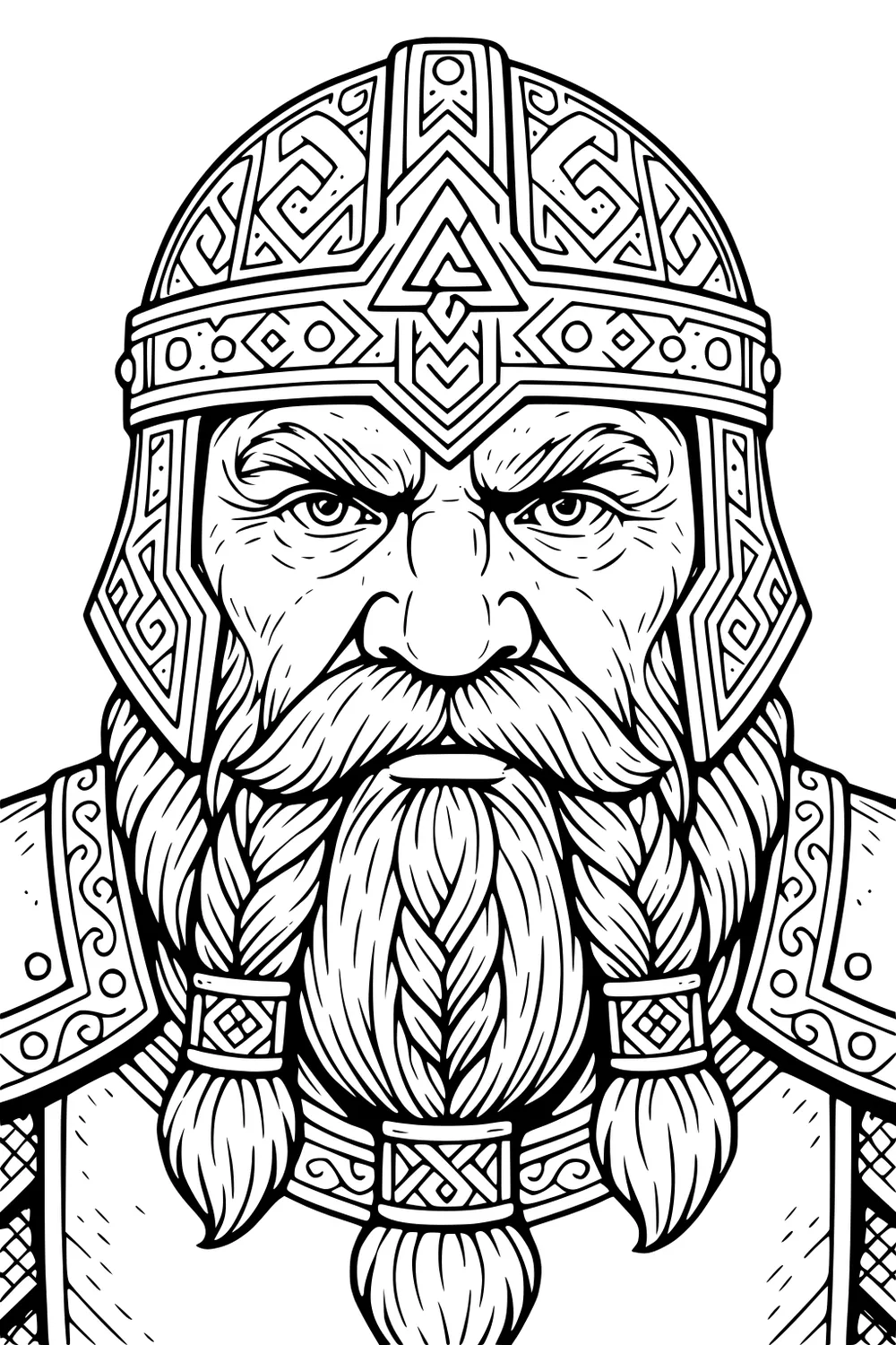 Dwarf warrior portrait with ornate helmet, stern eyes, and long braided beard in black-and-white line art.